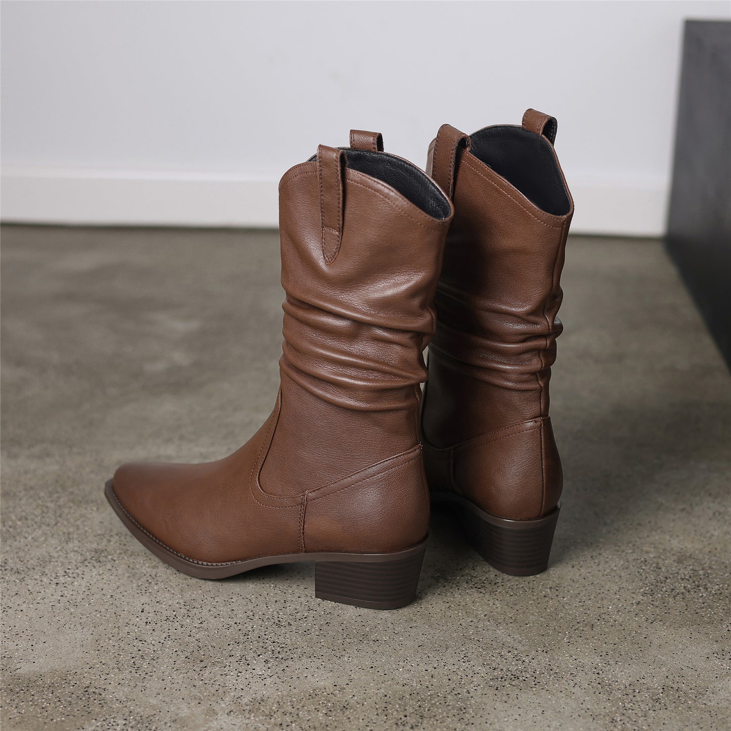 TinaCus Women's Genuine Leather Ruffle Block Heel Handmade Pointed Toe Western Mid-Calf Boots