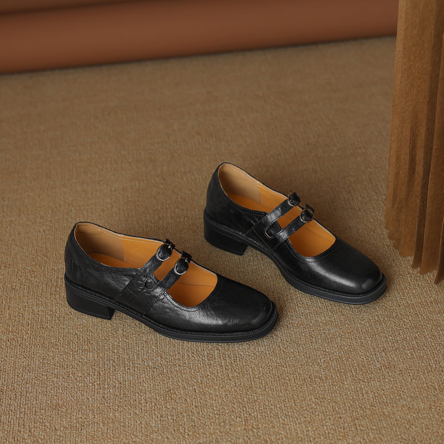 TinaCus Handmade Women's Genuine Leather Square Toe Mary Janes for Women with Double Straps Buckle