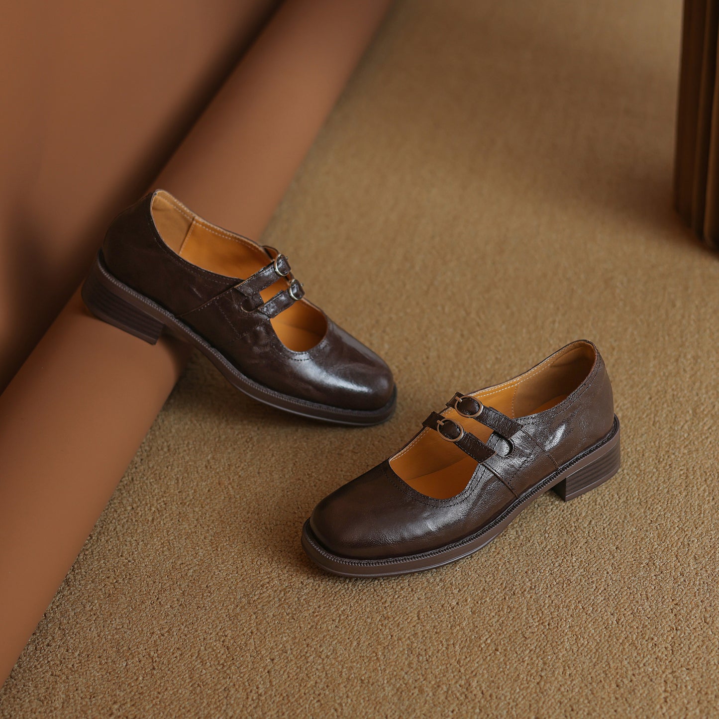 TinaCus Handmade Women's Genuine Leather Square Toe Mary Janes for Women with Double Straps Buckle