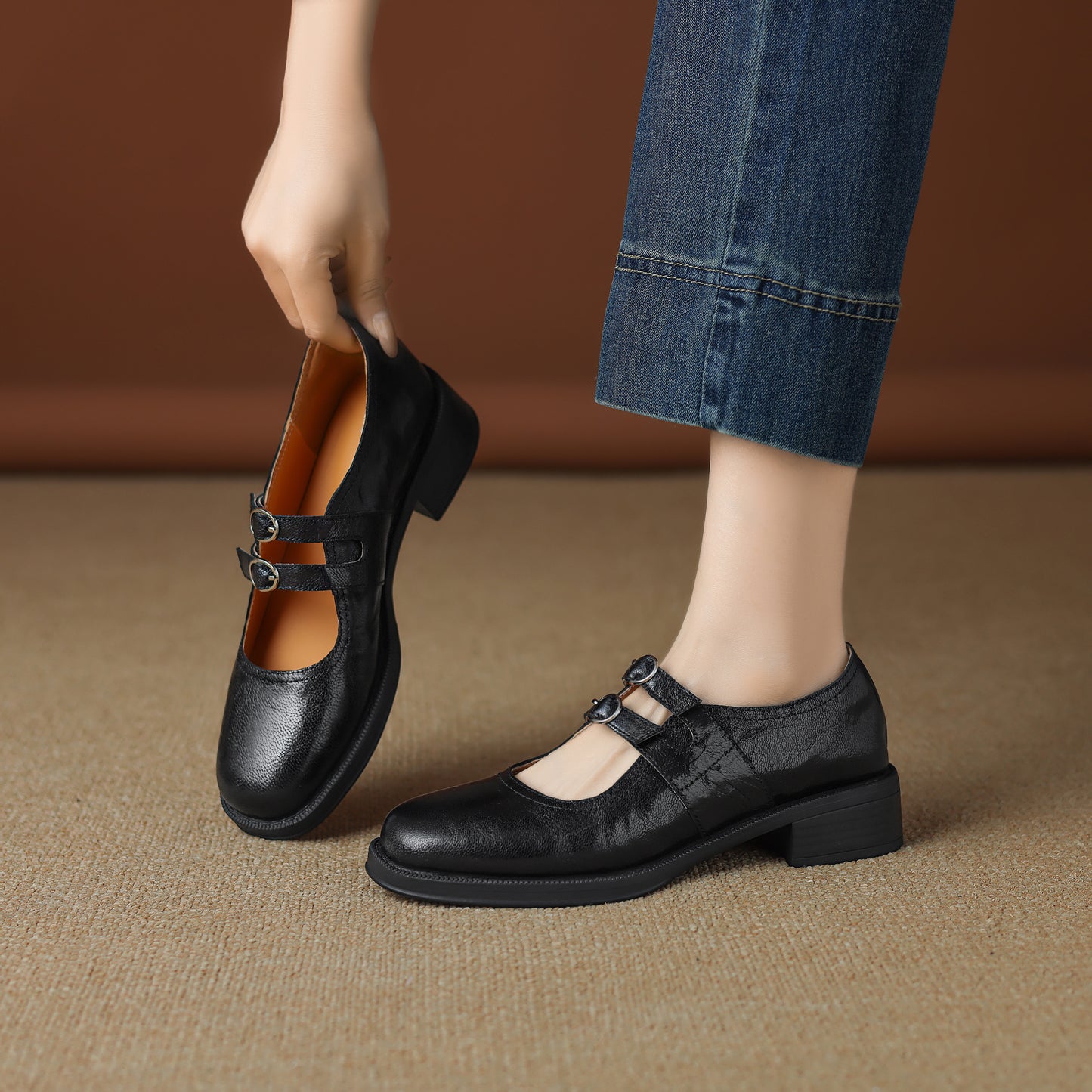 TinaCus Handmade Women's Genuine Leather Square Toe Mary Janes for Women with Double Straps Buckle