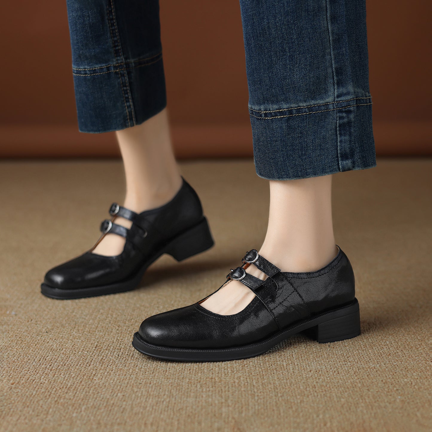 TinaCus Handmade Women's Genuine Leather Square Toe Mary Janes for Women with Double Straps Buckle