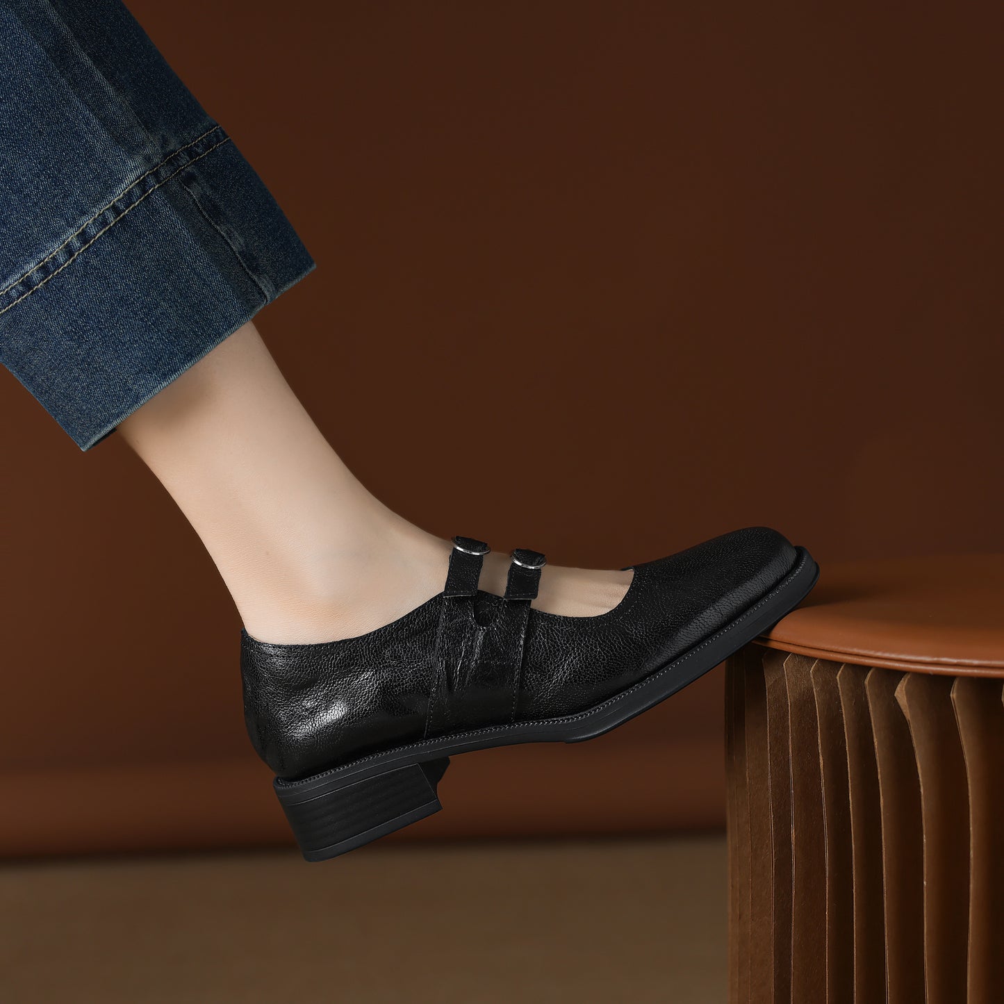 TinaCus Handmade Women's Genuine Leather Square Toe Mary Janes for Women with Double Straps Buckle