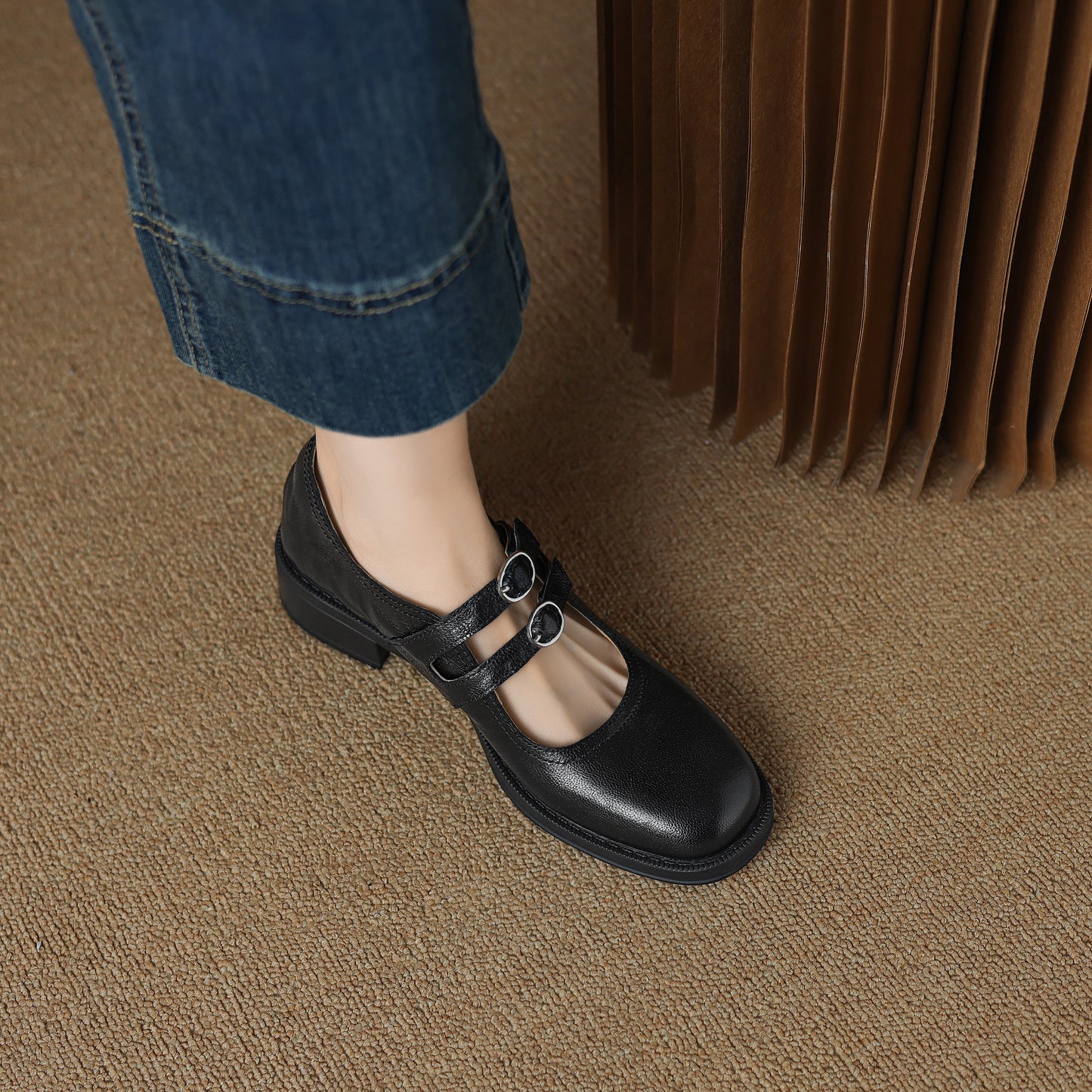 TinaCus Handmade Women's Genuine Leather Square Toe Mary Janes for Women with Double Straps Buckle