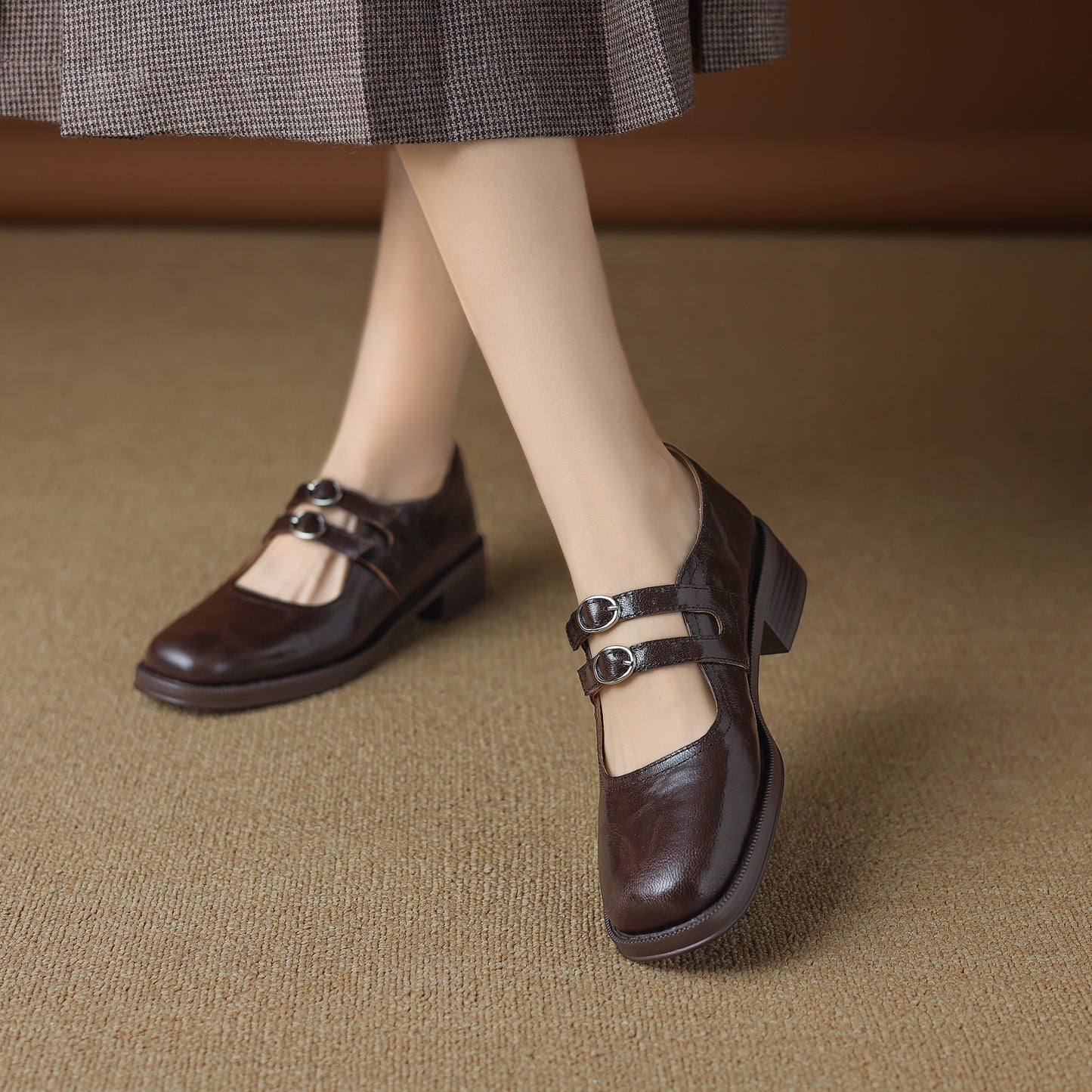 TinaCus Handmade Women's Genuine Leather Square Toe Mary Janes for Women with Double Straps Buckle