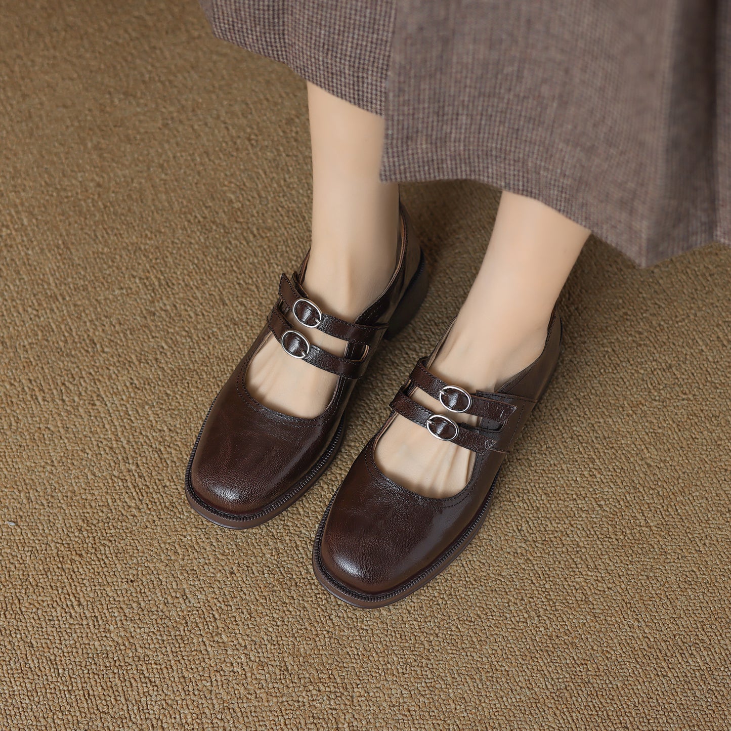 TinaCus Handmade Women's Genuine Leather Square Toe Mary Janes for Women with Double Straps Buckle