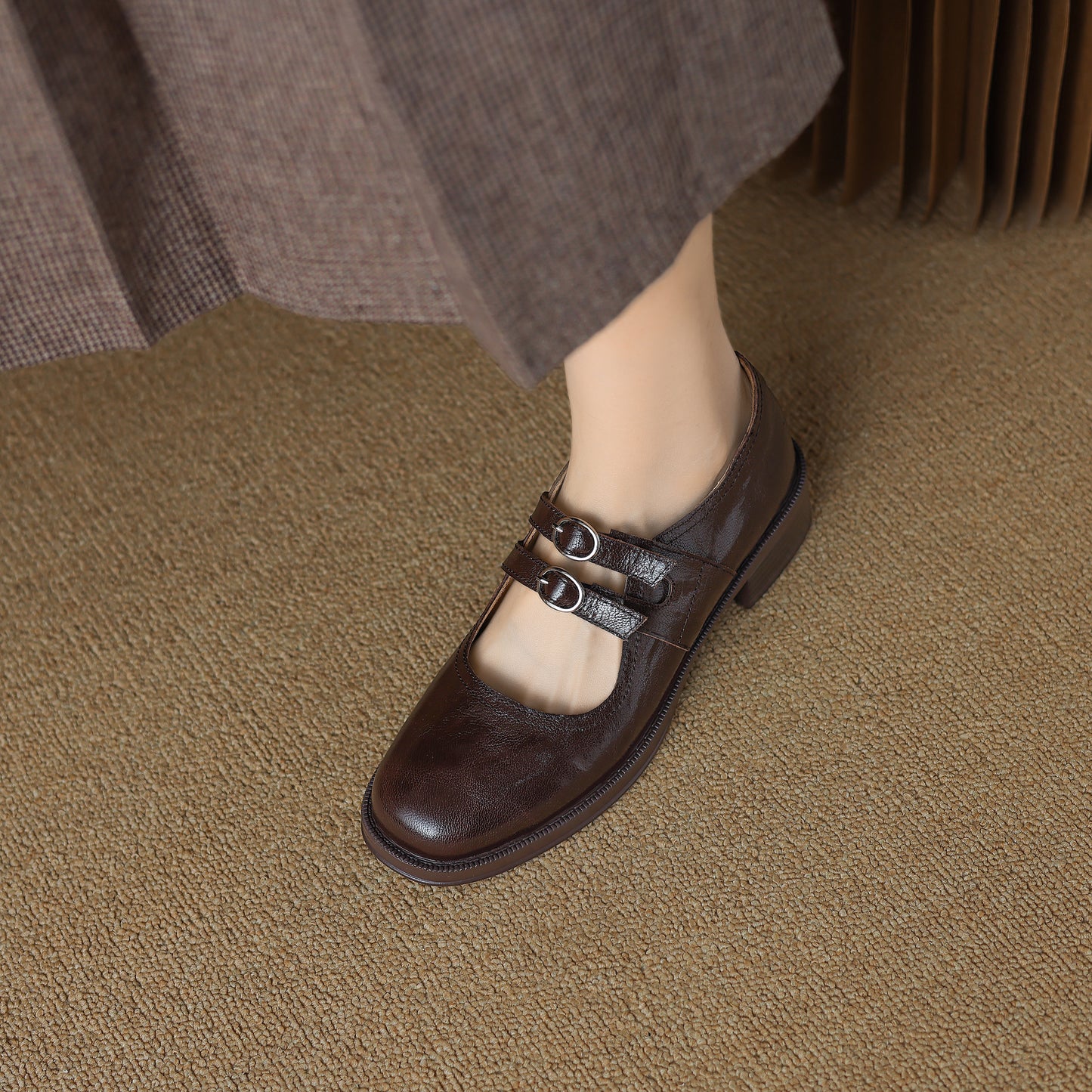 TinaCus Handmade Women's Genuine Leather Square Toe Mary Janes for Women with Double Straps Buckle