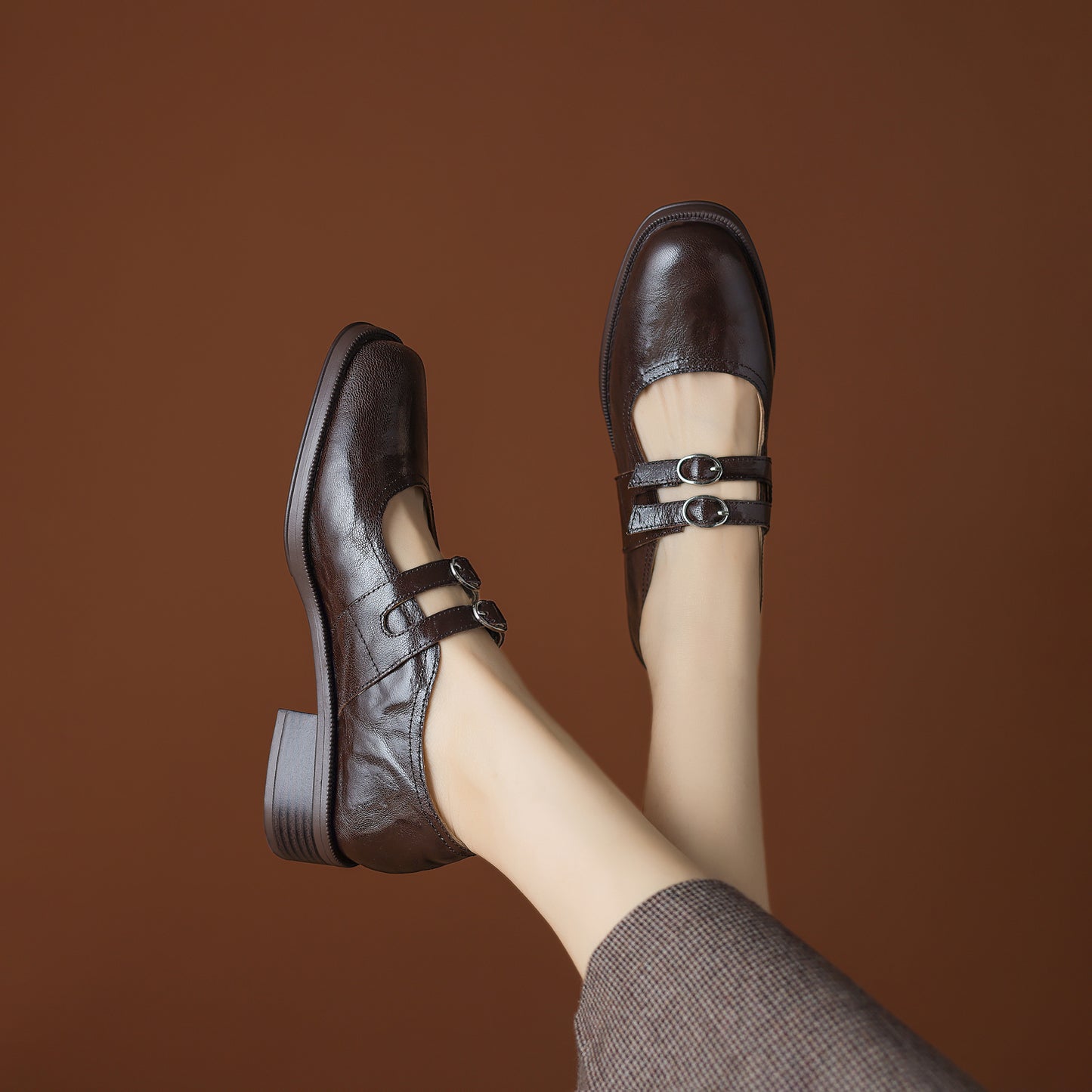 TinaCus Handmade Women's Genuine Leather Square Toe Mary Janes for Women with Double Straps Buckle