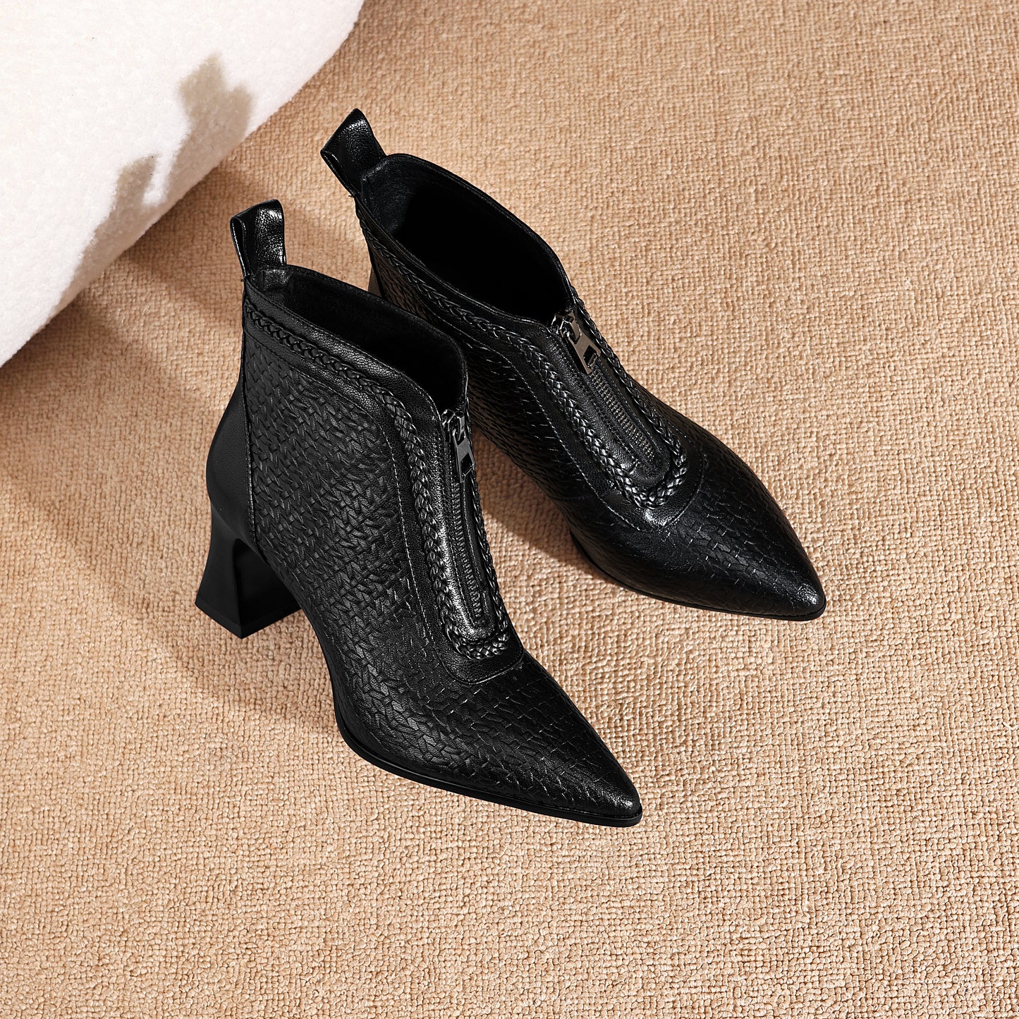 TinaCus Women's Genuine Leather Handmade Embossed Front Zipper Pointed Toe Spool Low Heel Ankle Booties