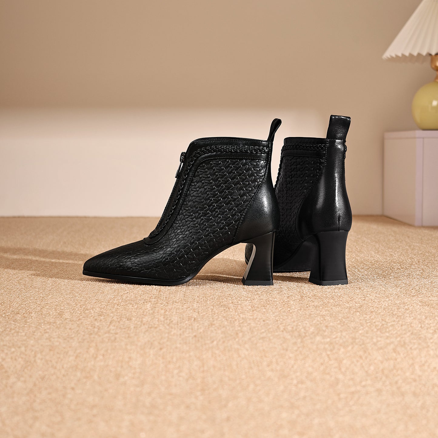 TinaCus Women's Genuine Leather Handmade Embossed Front Zipper Pointed Toe Spool Low Heel Ankle Booties