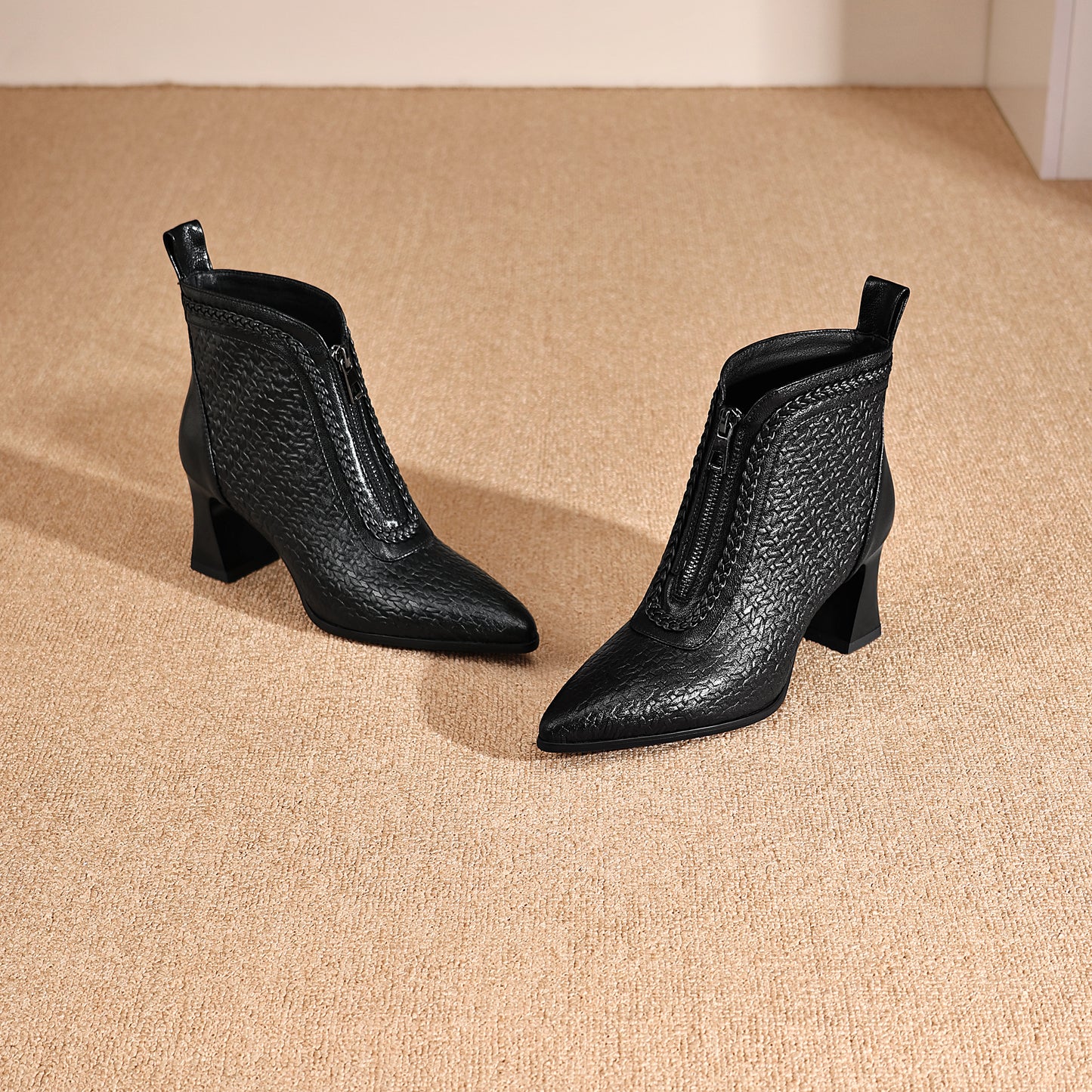 TinaCus Women's Genuine Leather Handmade Embossed Front Zipper Pointed Toe Spool Low Heel Ankle Booties