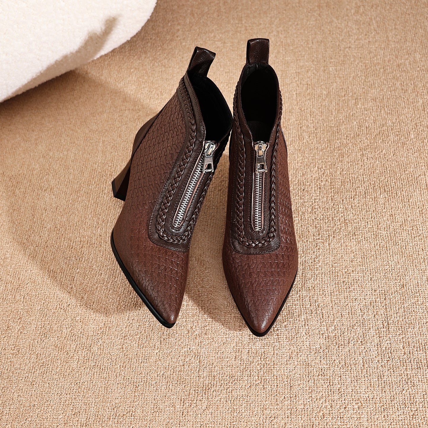 TinaCus Women's Genuine Leather Handmade Embossed Front Zipper Pointed Toe Spool Low Heel Ankle Booties