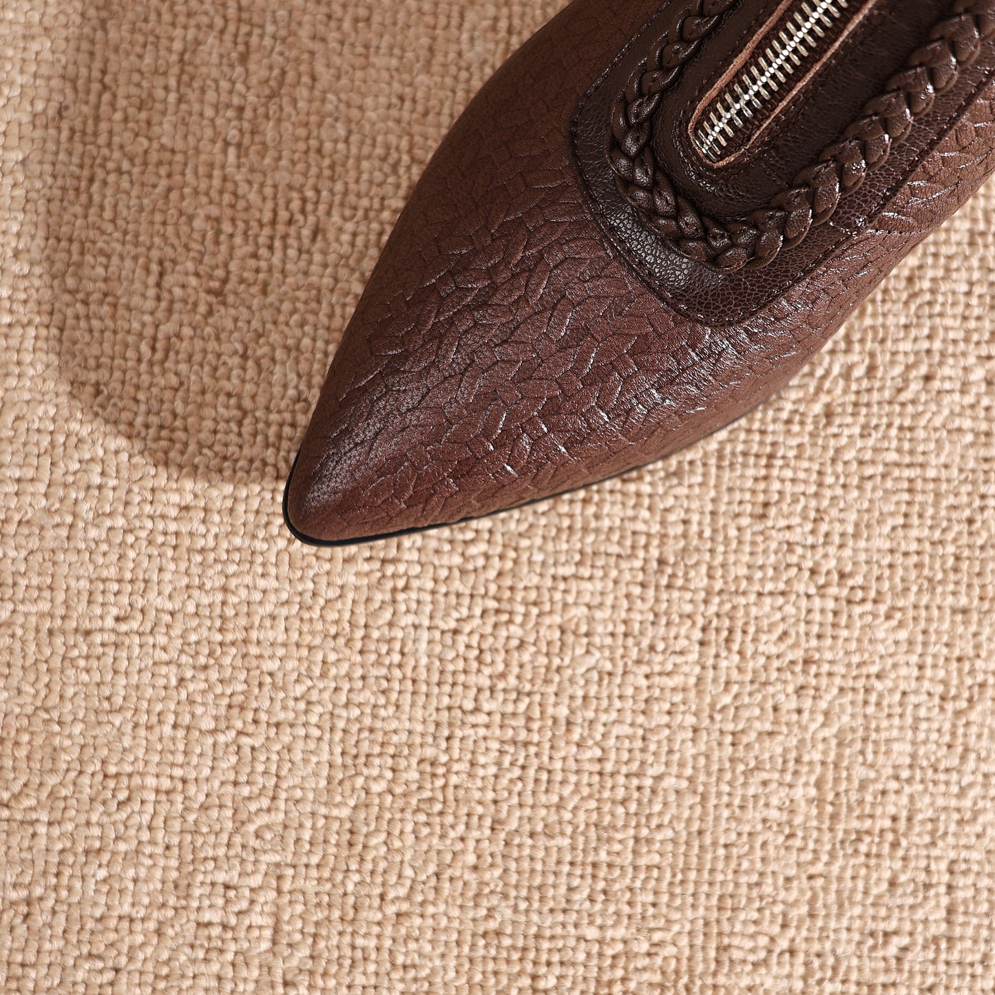 TinaCus Women's Genuine Leather Handmade Embossed Front Zipper Pointed Toe Spool Low Heel Ankle Booties