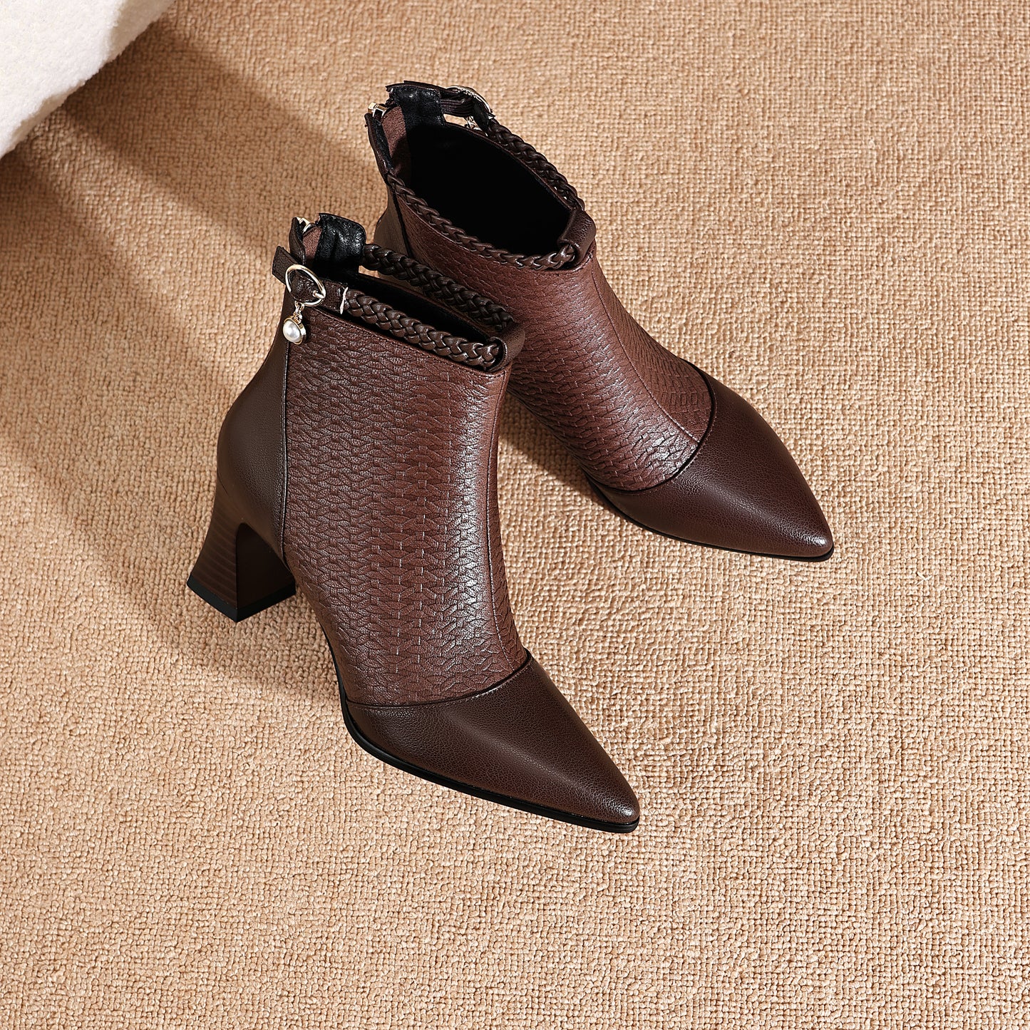 TinaCus Women's Genuine Leather Handmade Embossed Ankle Pendant Pointed Toe Spool Low Heel Ankle Booties