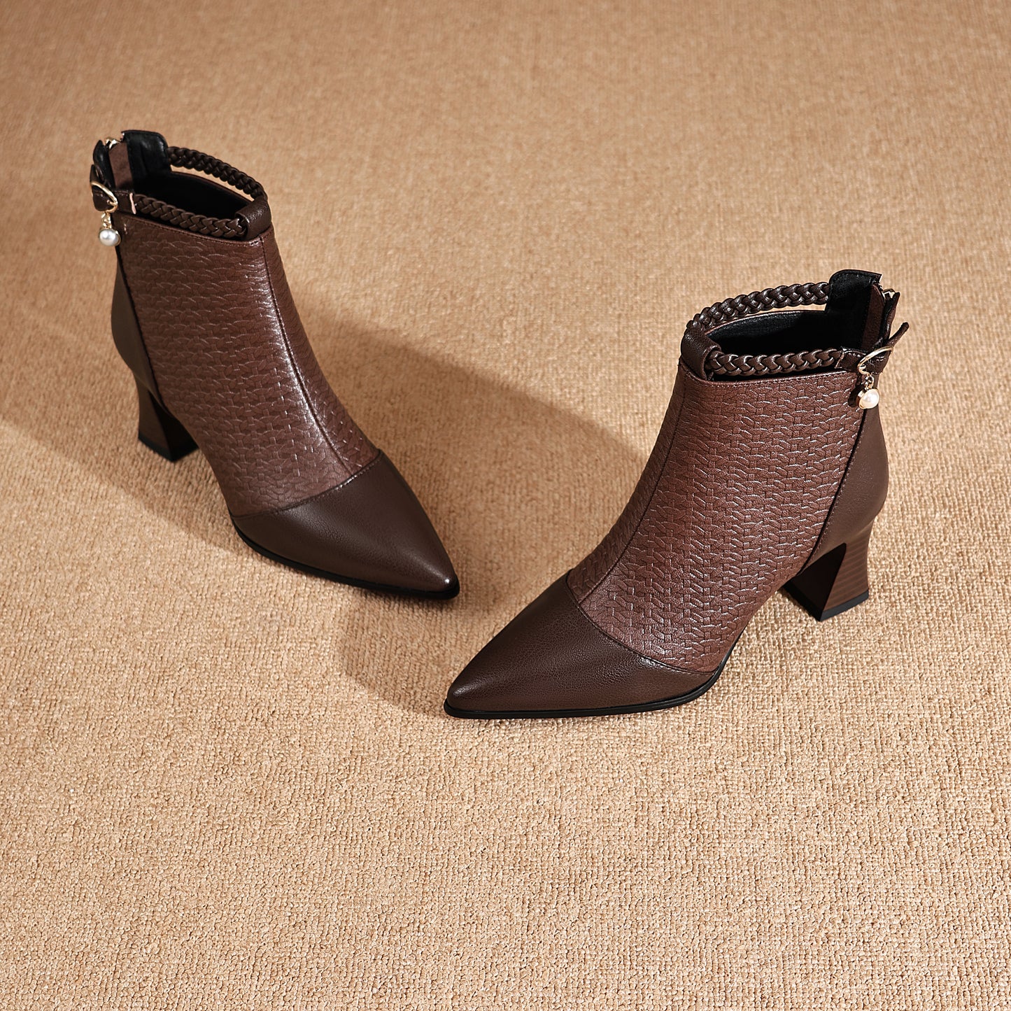 TinaCus Women's Genuine Leather Handmade Embossed Ankle Pendant Pointed Toe Spool Low Heel Ankle Booties