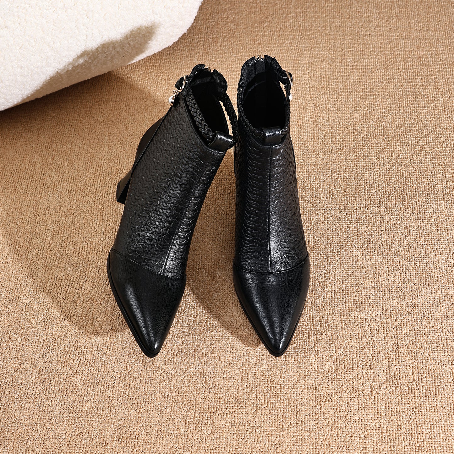 TinaCus Women's Genuine Leather Handmade Embossed Ankle Pendant Pointed Toe Spool Low Heel Ankle Booties