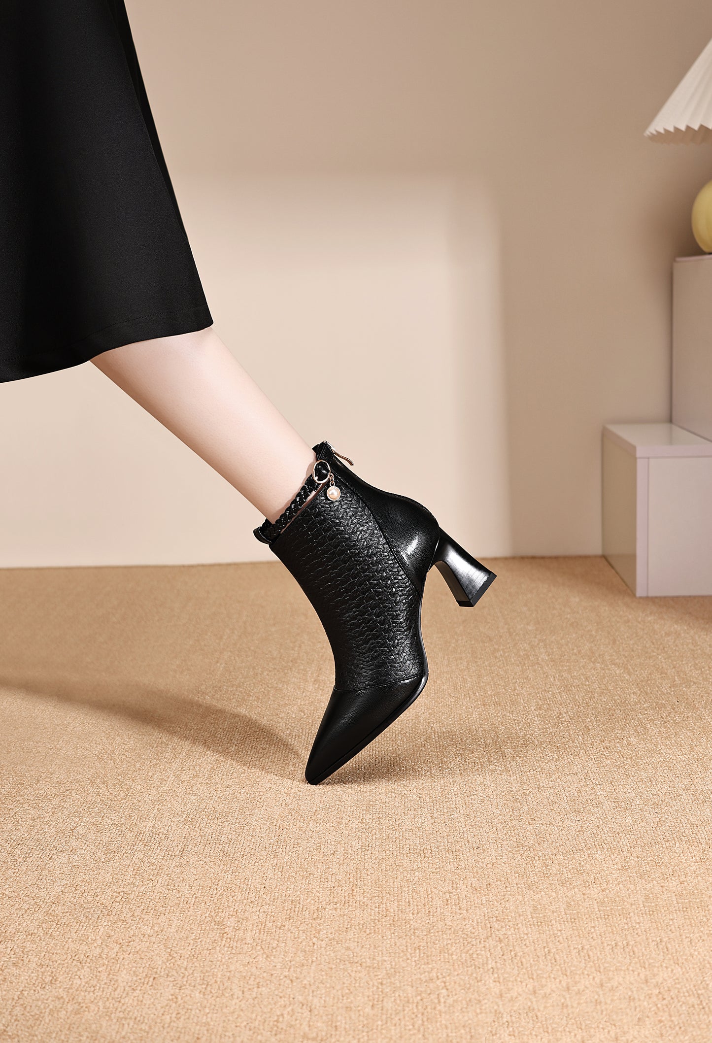 TinaCus Women's Genuine Leather Handmade Embossed Ankle Pendant Pointed Toe Spool Low Heel Ankle Booties