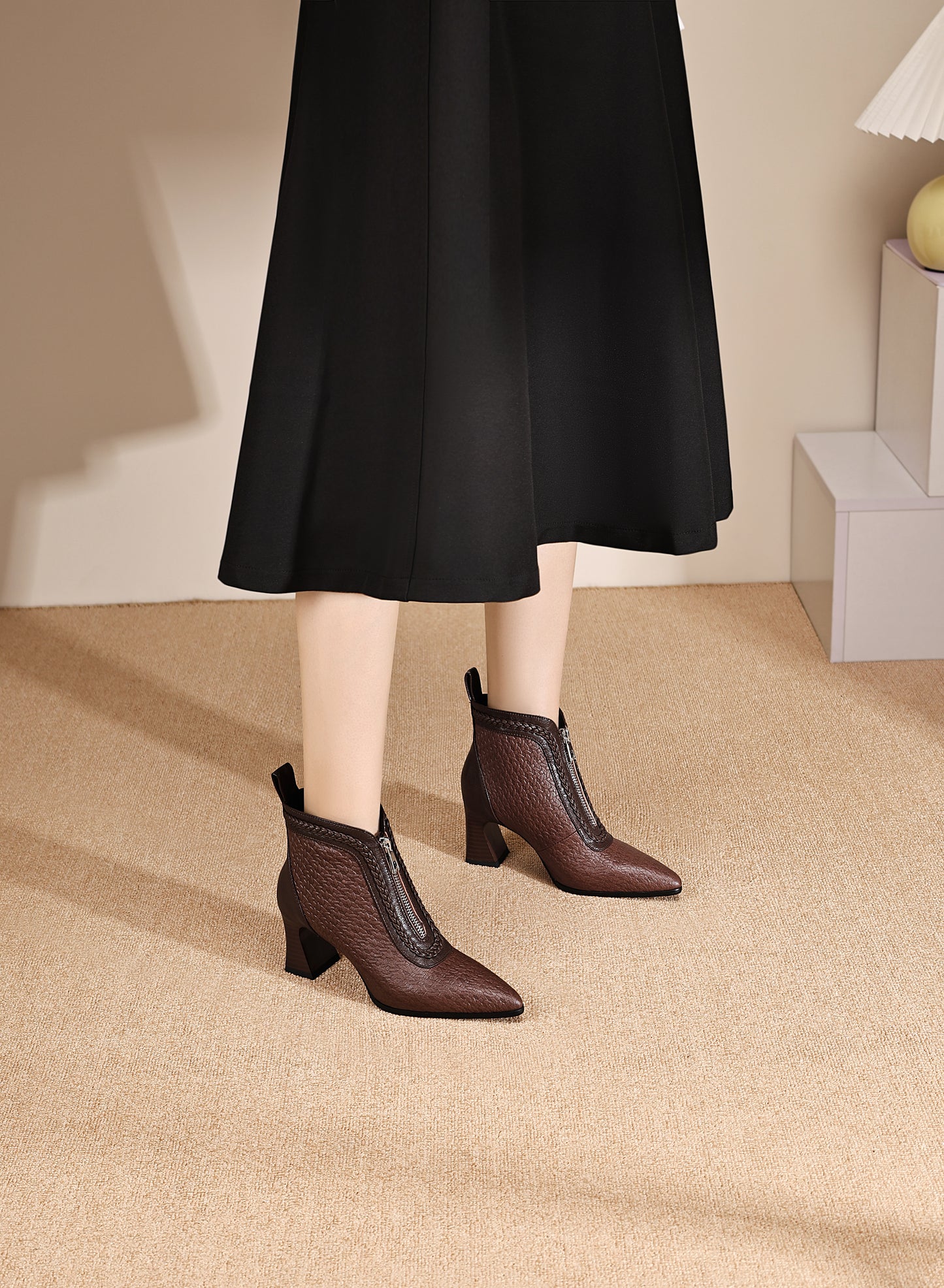 TinaCus Women's Genuine Leather Handmade Embossed Front Zipper Pointed Toe Spool Low Heel Ankle Booties