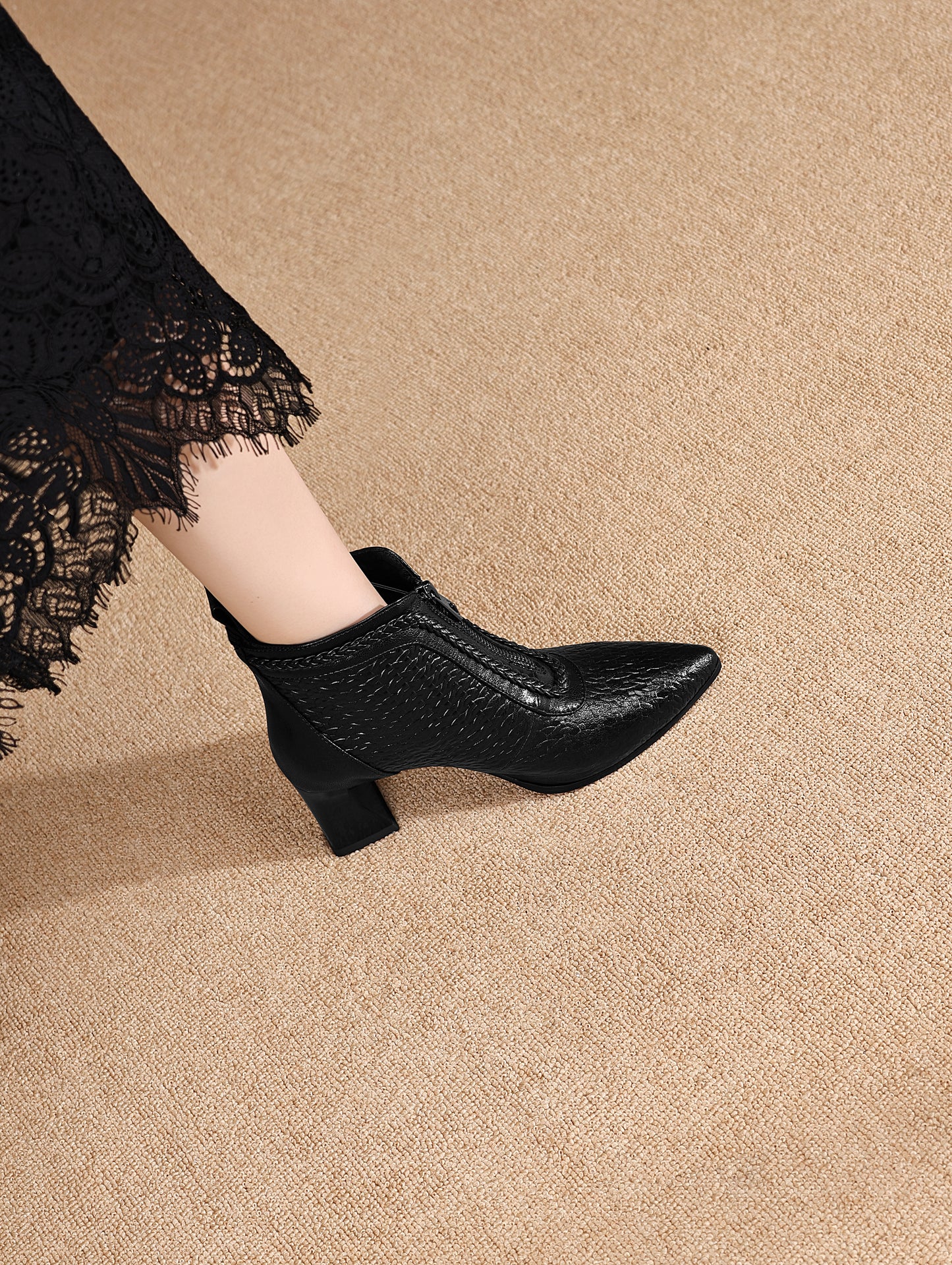 TinaCus Women's Genuine Leather Handmade Embossed Front Zipper Pointed Toe Spool Low Heel Ankle Booties