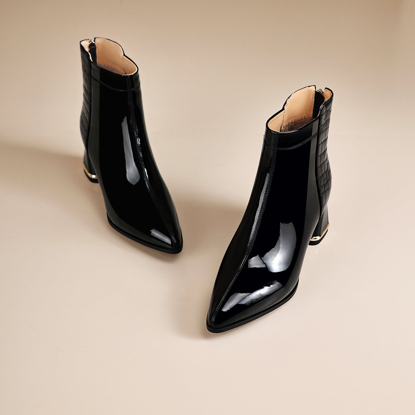 TinaCus Women's Patent Leather Handmade Patchwork Back Zipper Pointed Toe Stacked Low Heel Ankle Booties