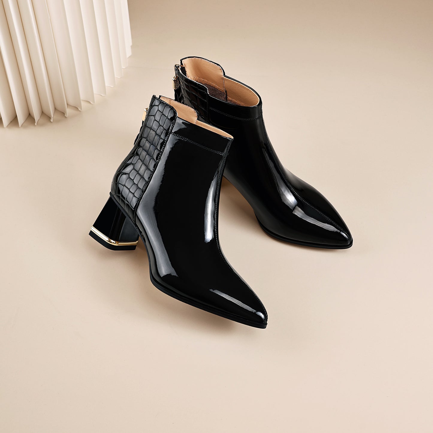 TinaCus Women's Patent Leather Handmade Patchwork Back Zipper Pointed Toe Stacked Low Heel Ankle Booties