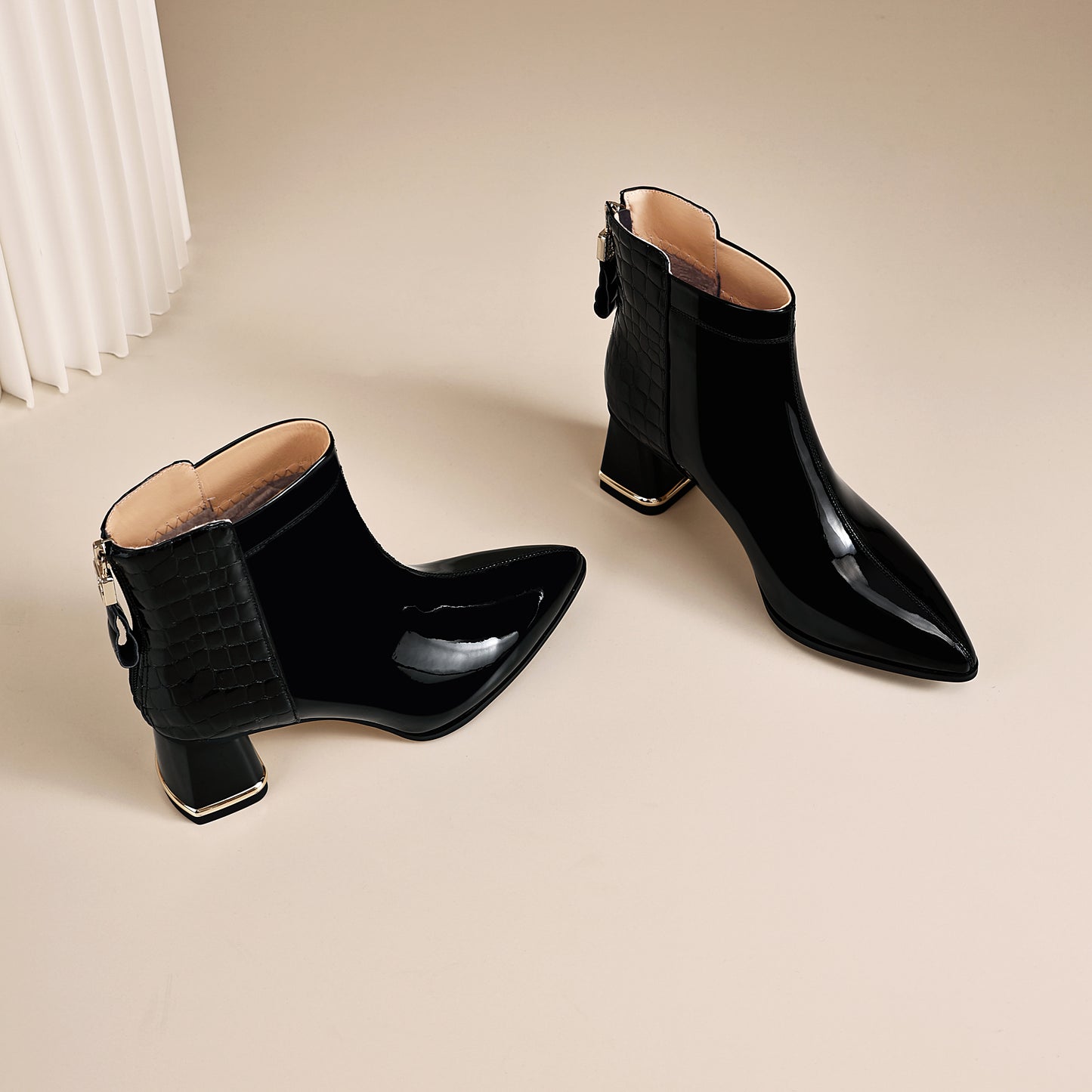 TinaCus Women's Patent Leather Handmade Patchwork Back Zipper Pointed Toe Stacked Low Heel Ankle Booties