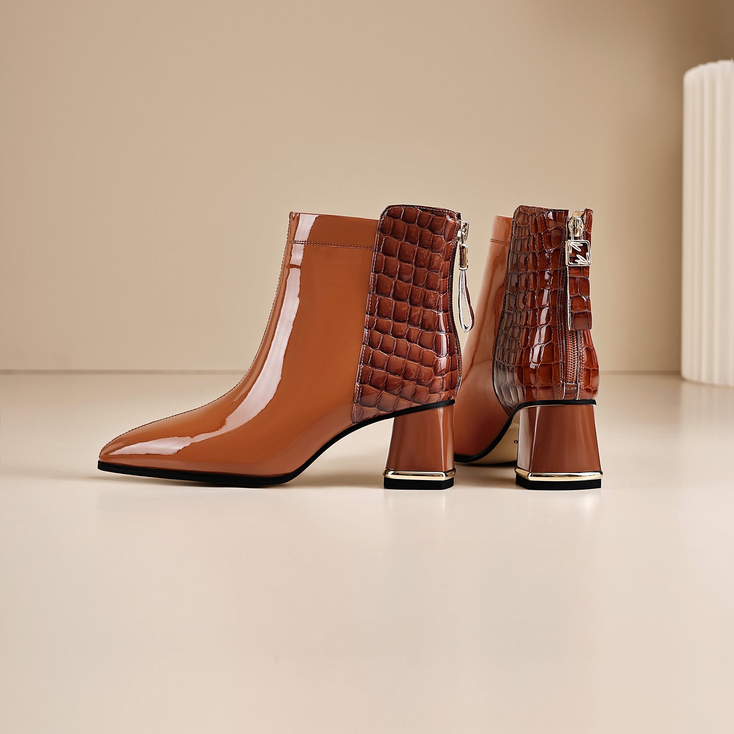 TinaCus Women's Patent Leather Handmade Patchwork Back Zipper Pointed Toe Stacked Low Heel Ankle Booties