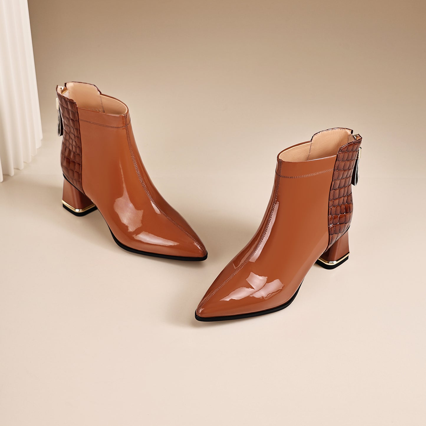 TinaCus Women's Patent Leather Handmade Patchwork Back Zipper Pointed Toe Stacked Low Heel Ankle Booties