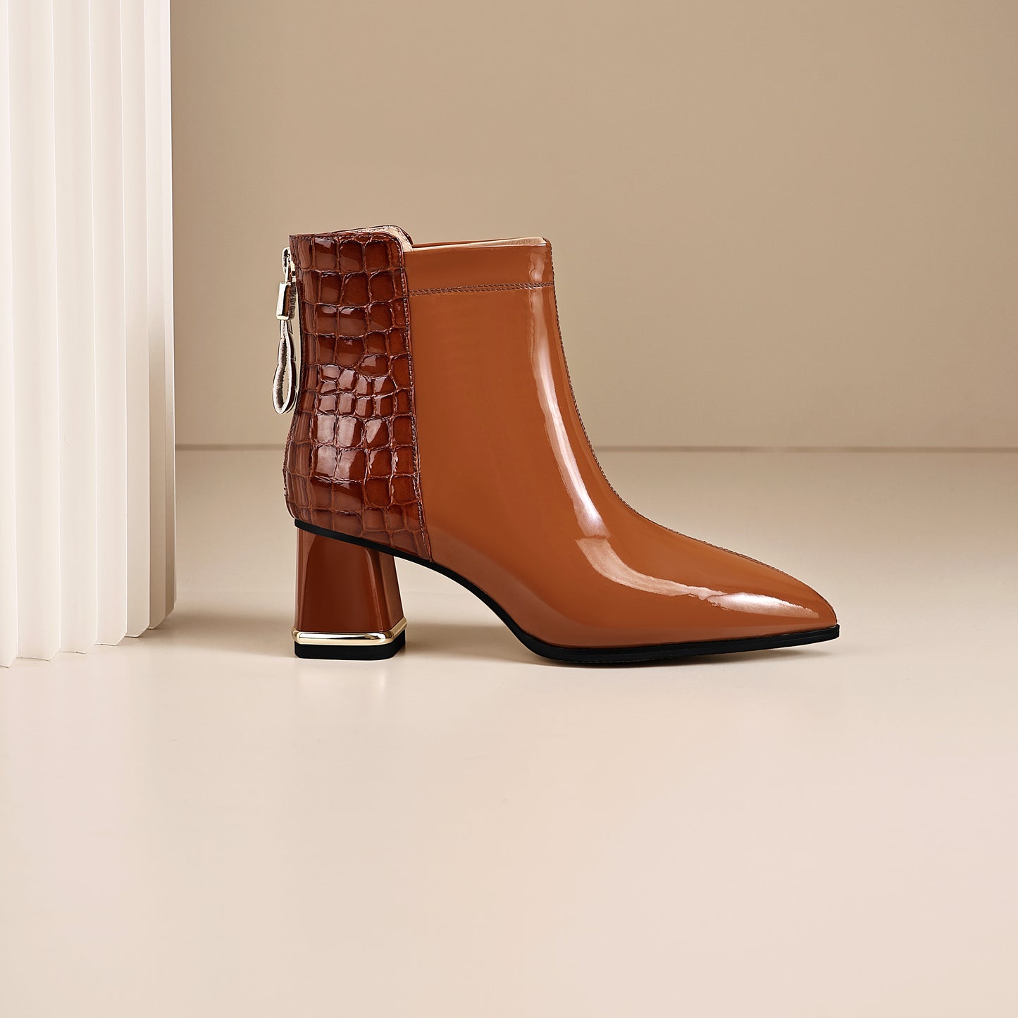 TinaCus Women's Patent Leather Handmade Patchwork Back Zipper Pointed Toe Stacked Low Heel Ankle Booties