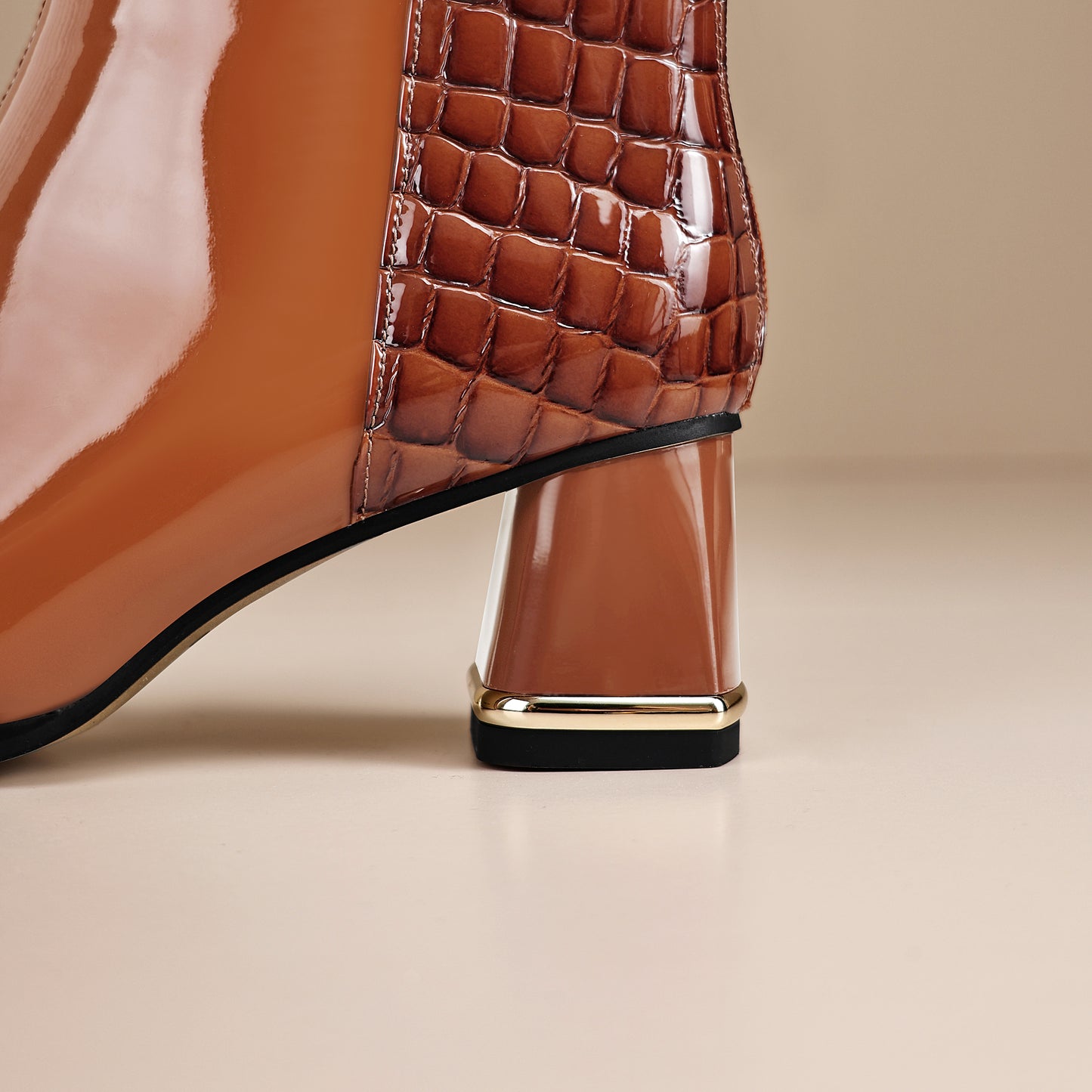 TinaCus Women's Patent Leather Handmade Patchwork Back Zipper Pointed Toe Stacked Low Heel Ankle Booties