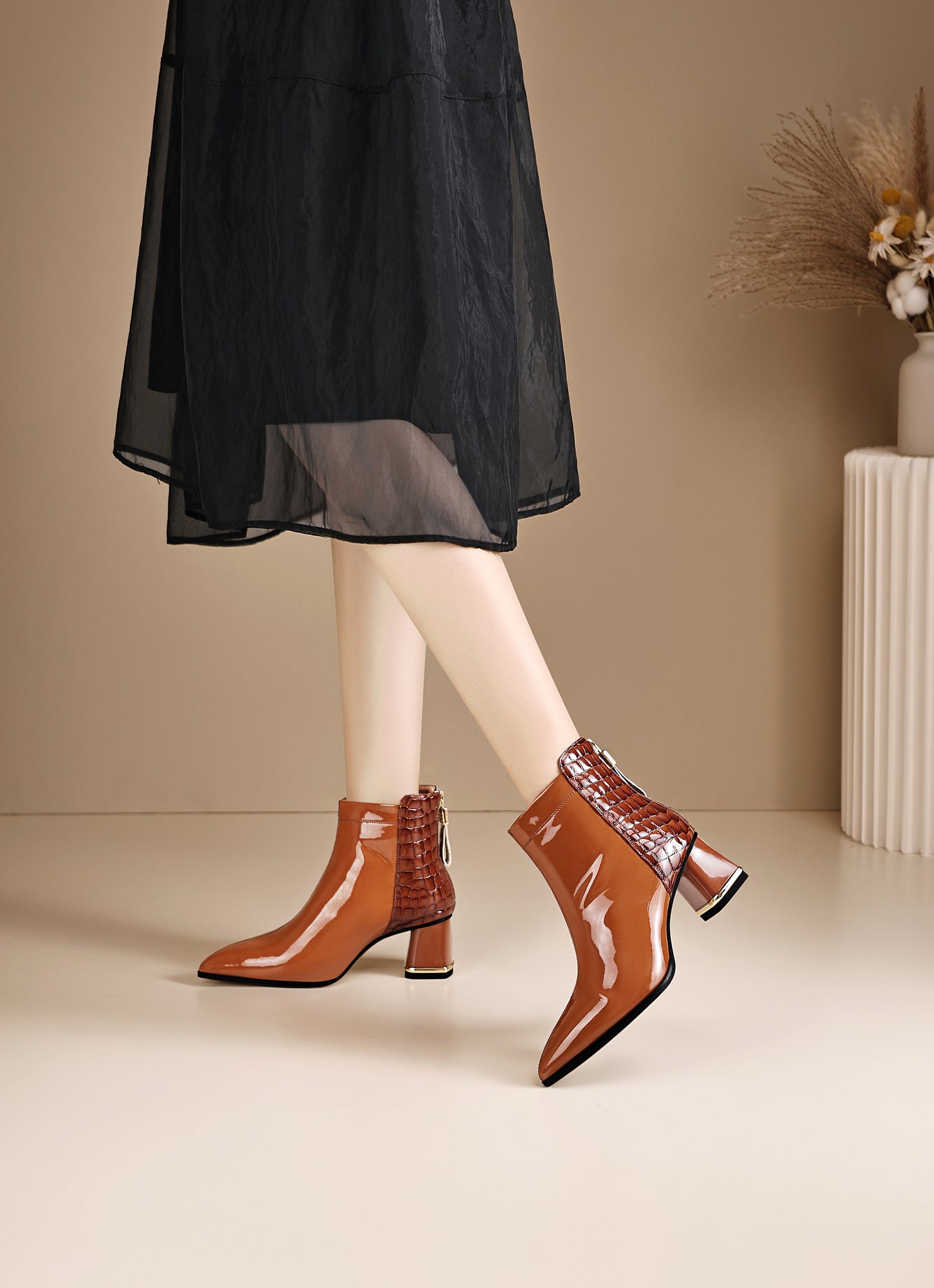 TinaCus Women's Patent Leather Handmade Patchwork Back Zipper Pointed Toe Stacked Low Heel Ankle Booties