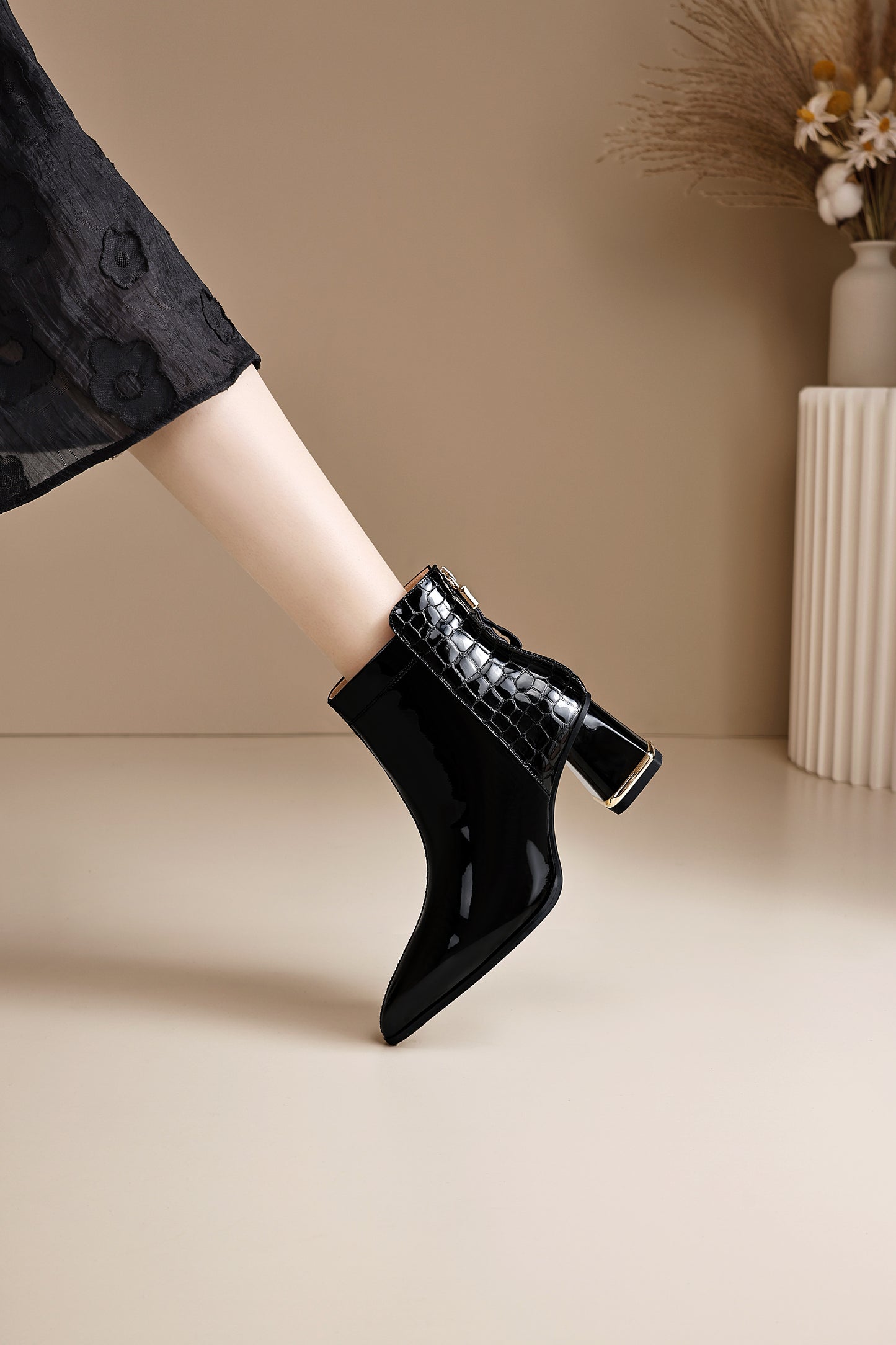 TinaCus Women's Patent Leather Handmade Patchwork Back Zipper Pointed Toe Stacked Low Heel Ankle Booties