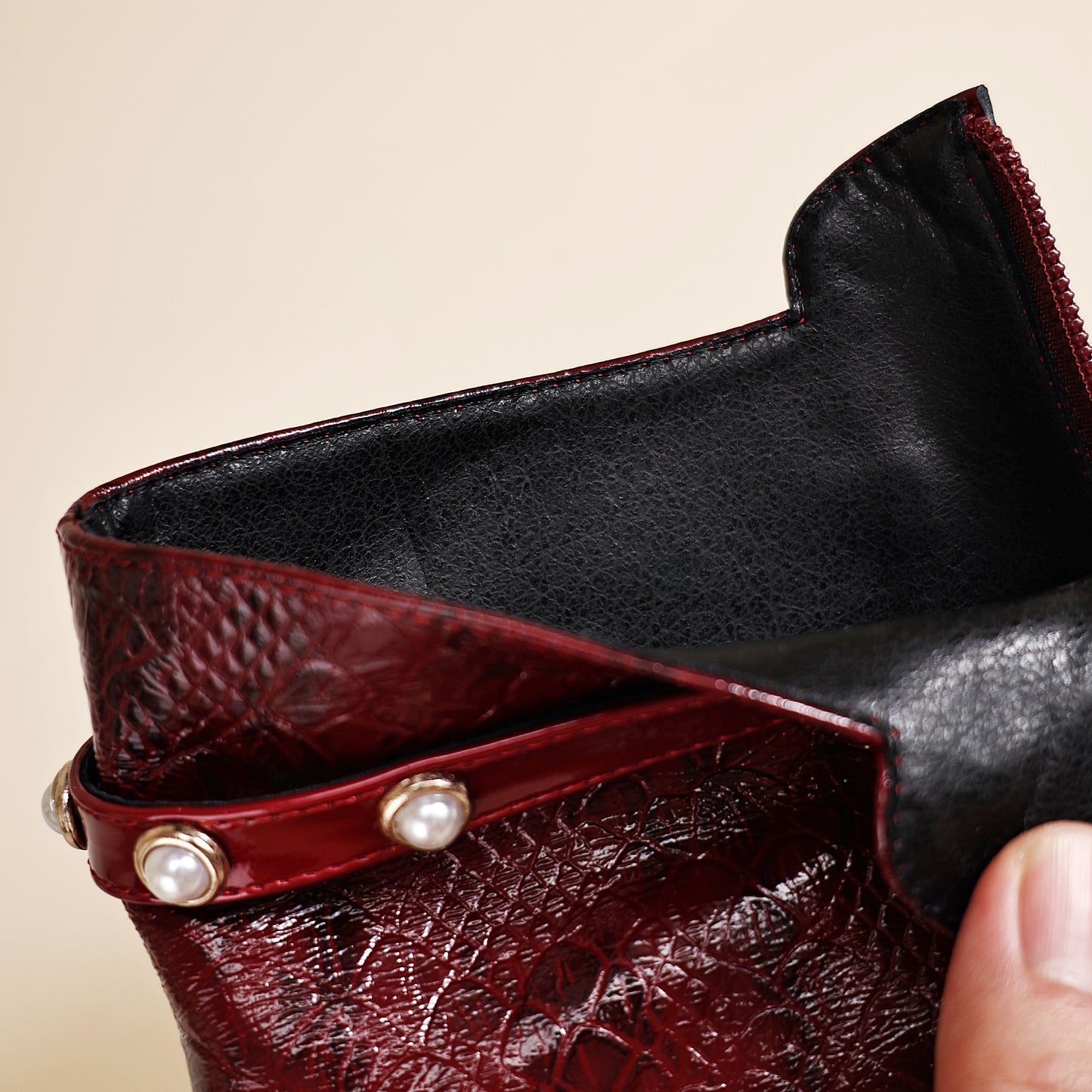 TinaCus Genuine Leather Women's Pointed Toe Handmade Chunky Heels Zip up Ankle Boots with Pearls