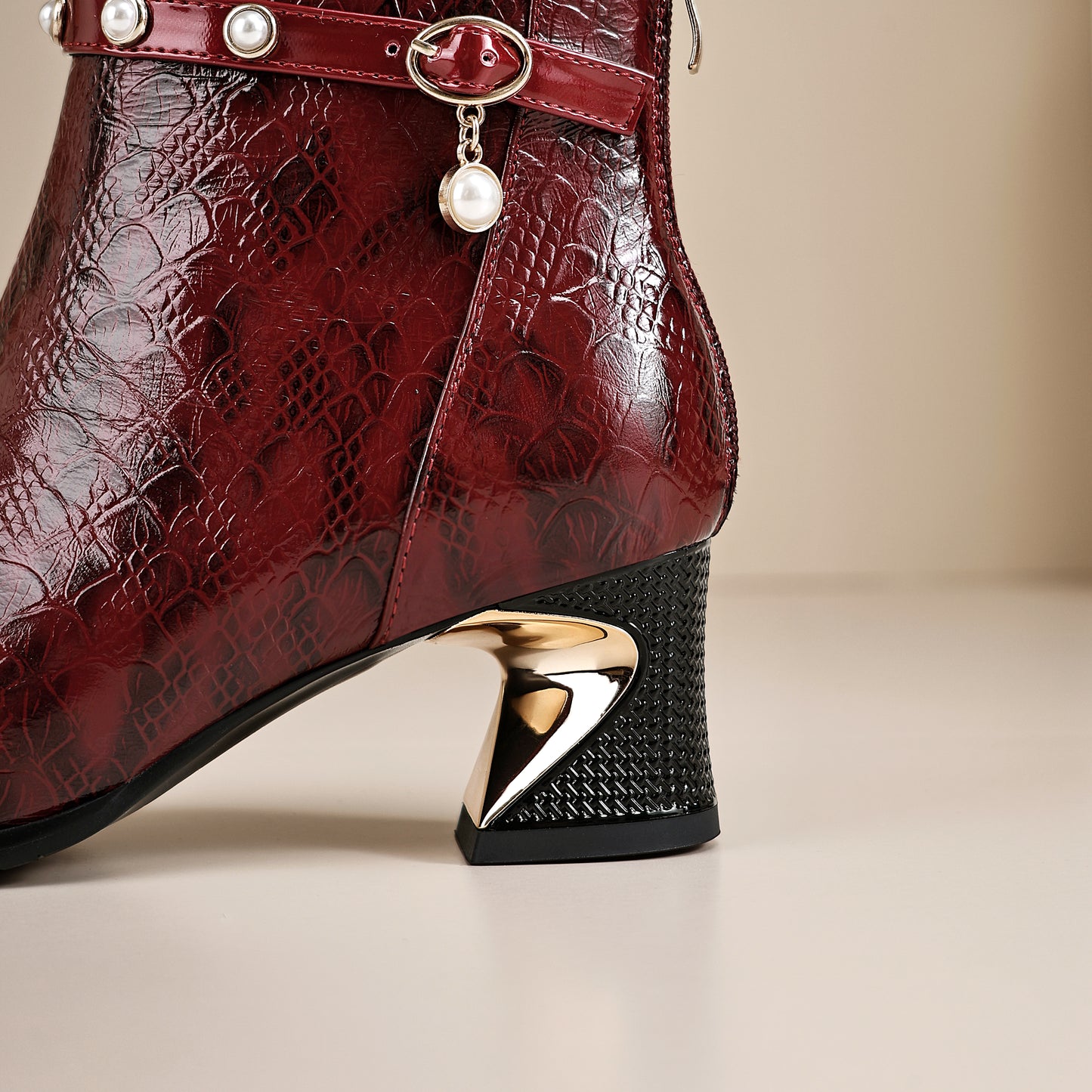 TinaCus Genuine Leather Women's Pointed Toe Handmade Chunky Heels Zip up Ankle Boots with Pearls