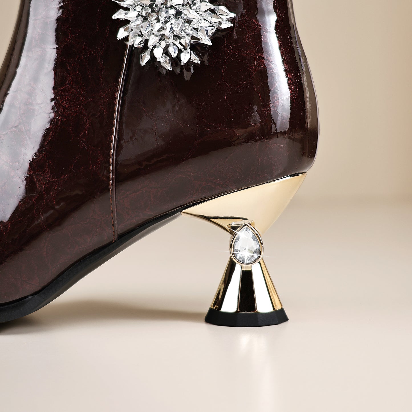 TinaCus Handmade Flower Women's Short Boots Glossy Patent Leather Pointed Toe Zip up Mid Heels Ankle Booties