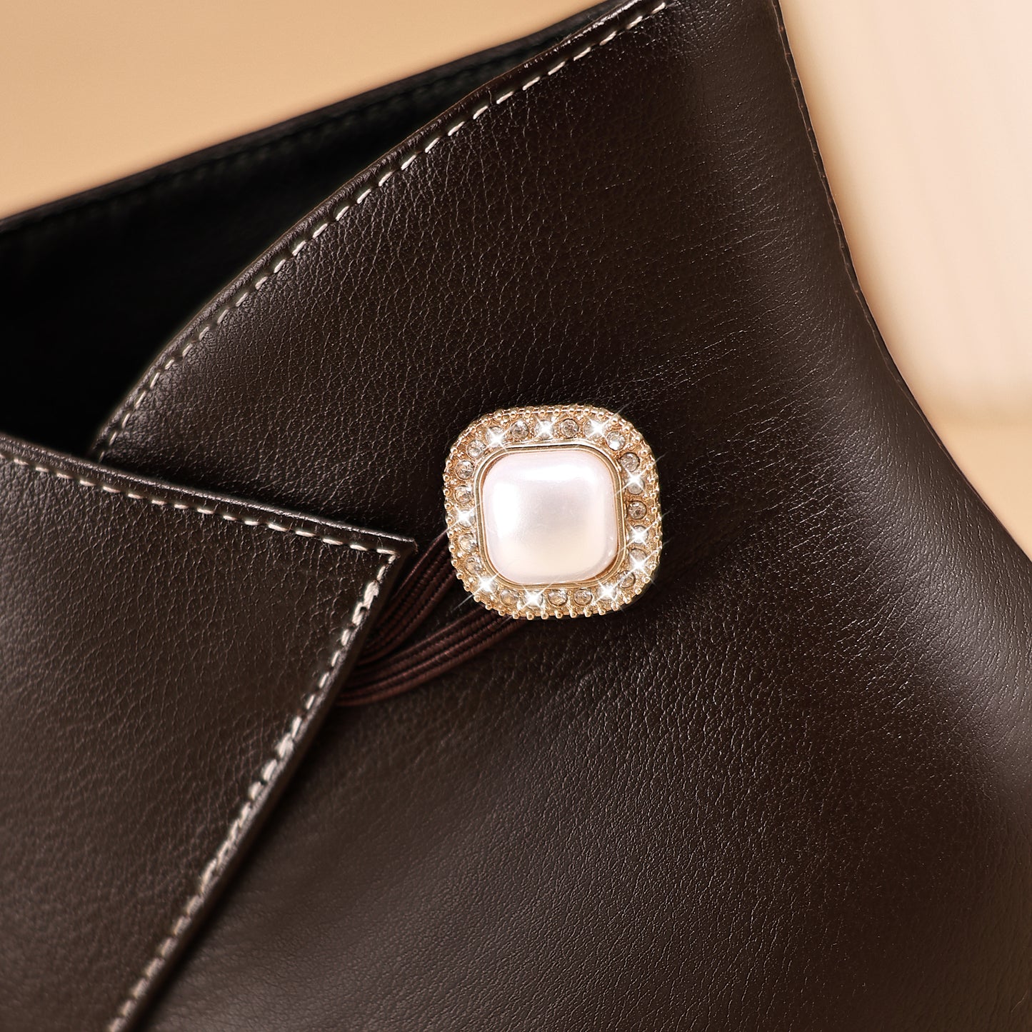 TinaCus Genuine Leather Women's Short Boots Handmade Pearl Button Square Toe Block Heels