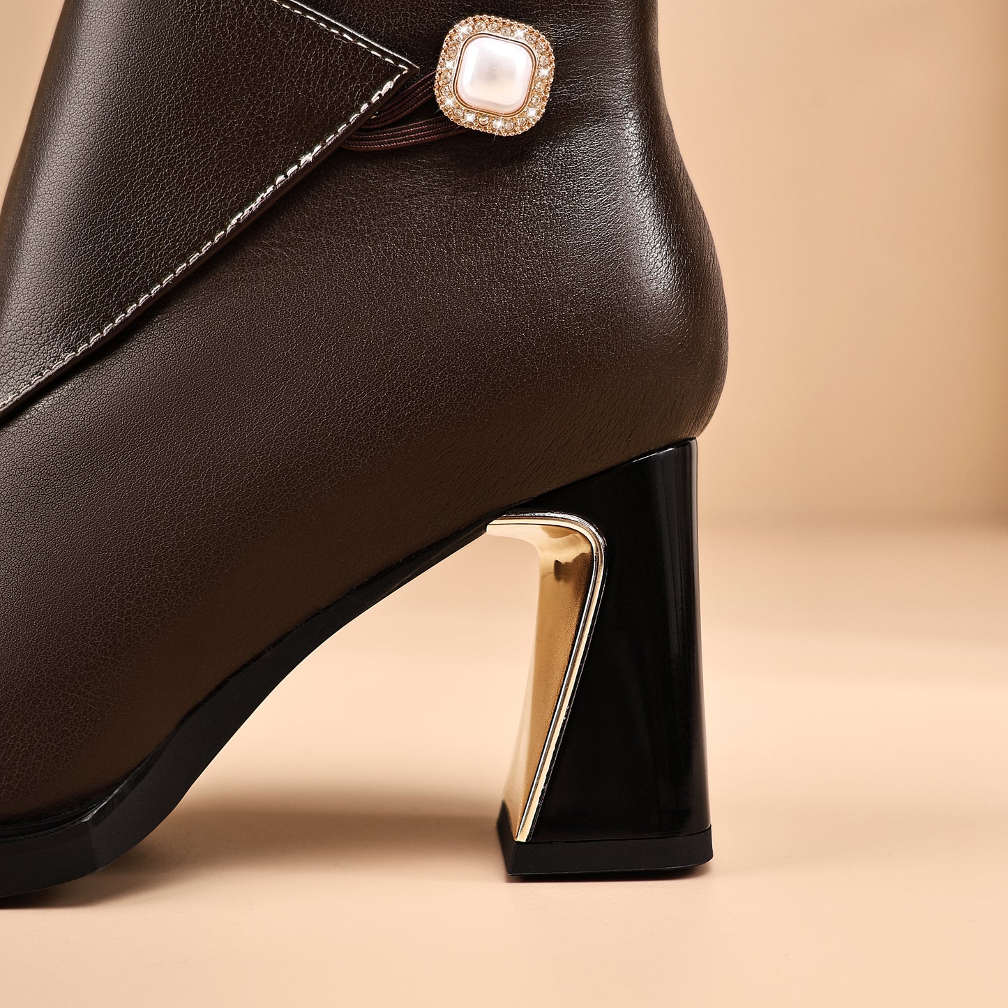 TinaCus Genuine Leather Women's Short Boots Handmade Pearl Button Square Toe Block Heels