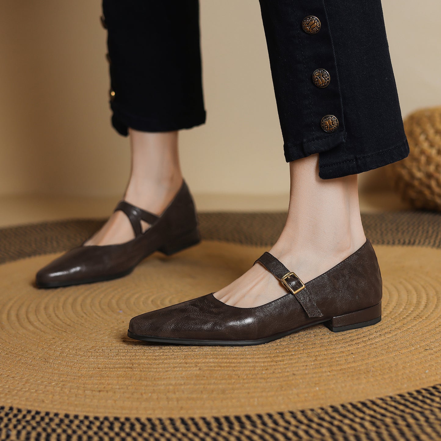 TinaCus Handmade Women's Genuine Leather Round Toe Buckle Classic Mary Jane Flats Shoes