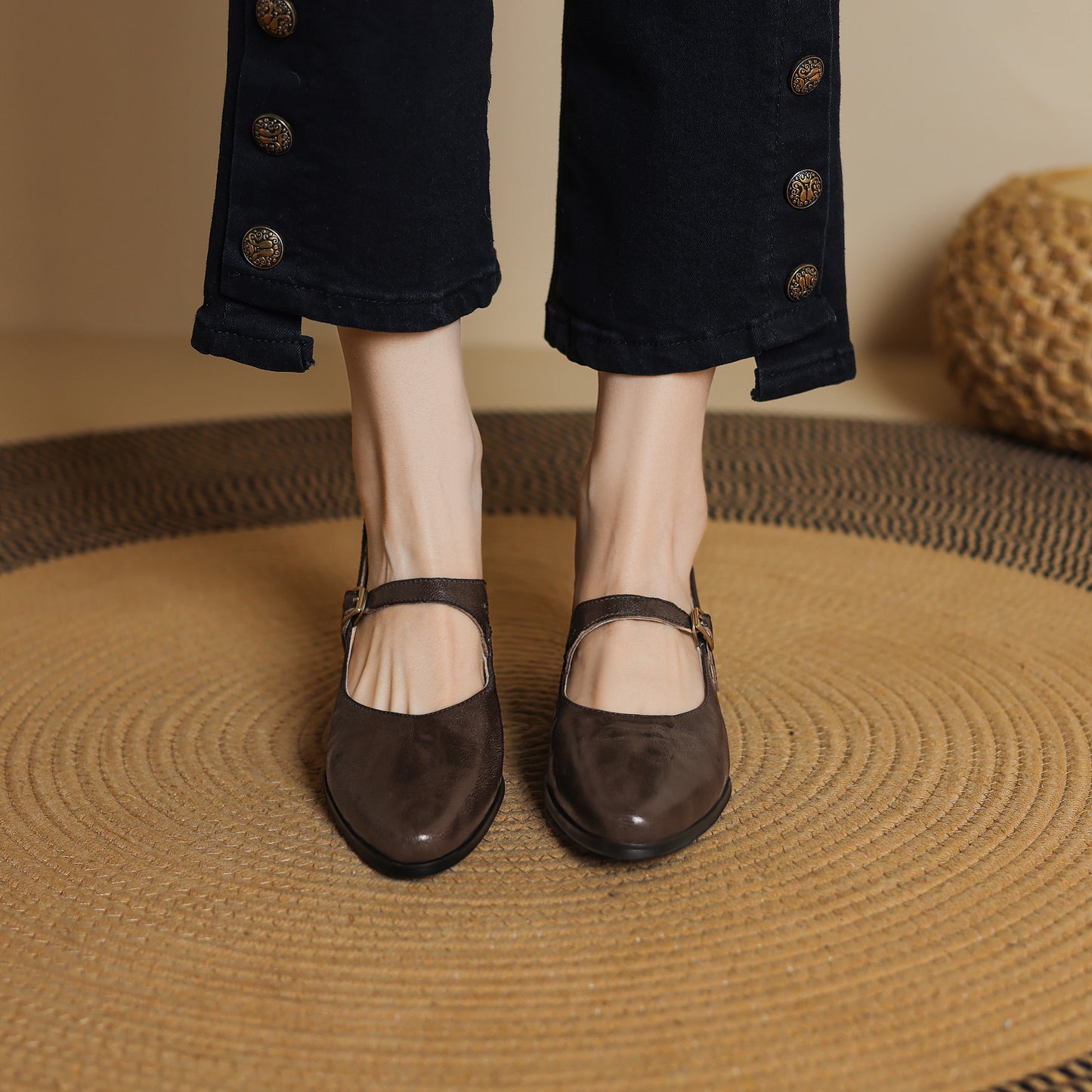 TinaCus Handmade Women's Genuine Leather Round Toe Buckle Classic Mary Jane Flats Shoes