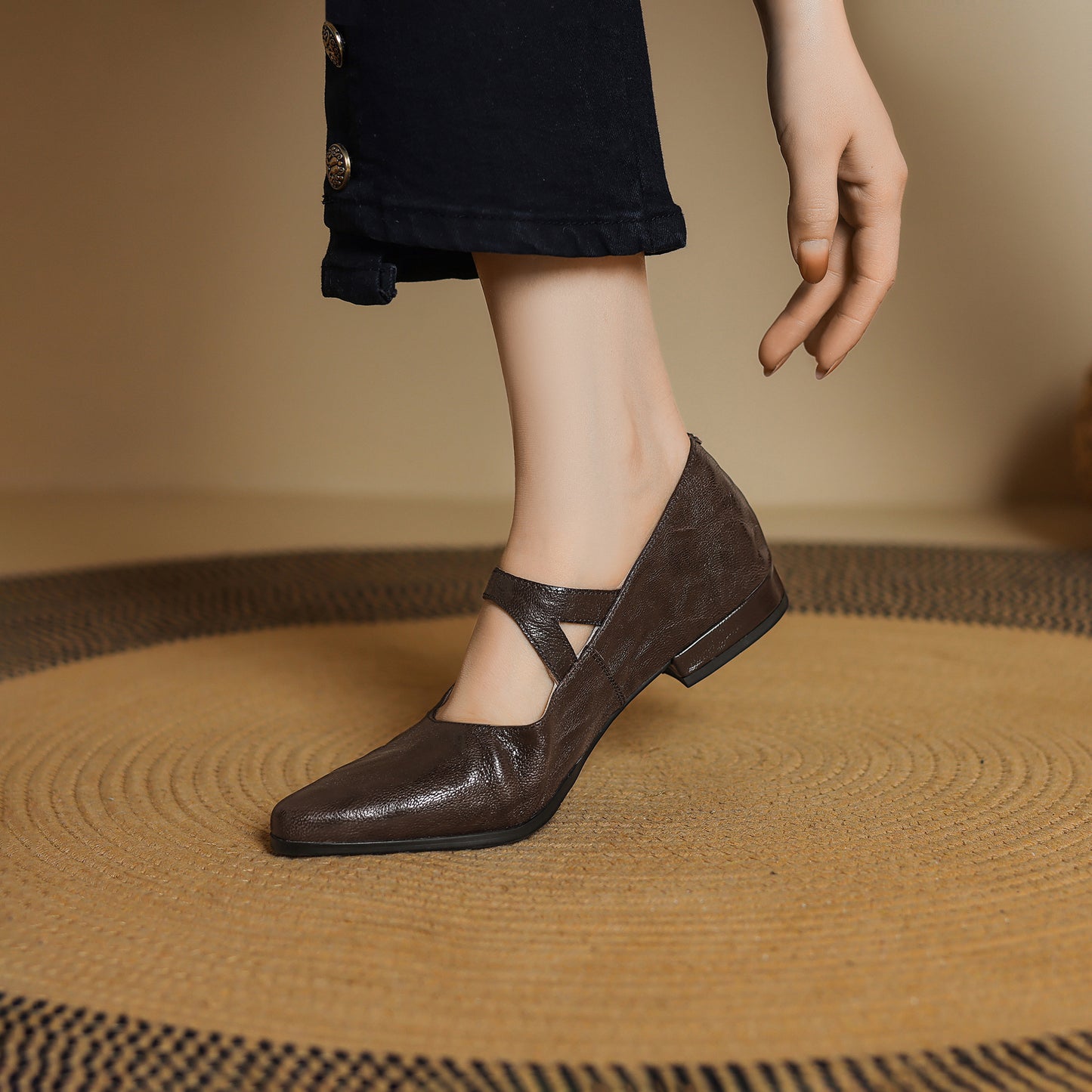 TinaCus Handmade Women's Genuine Leather Round Toe Buckle Classic Mary Jane Flats Shoes