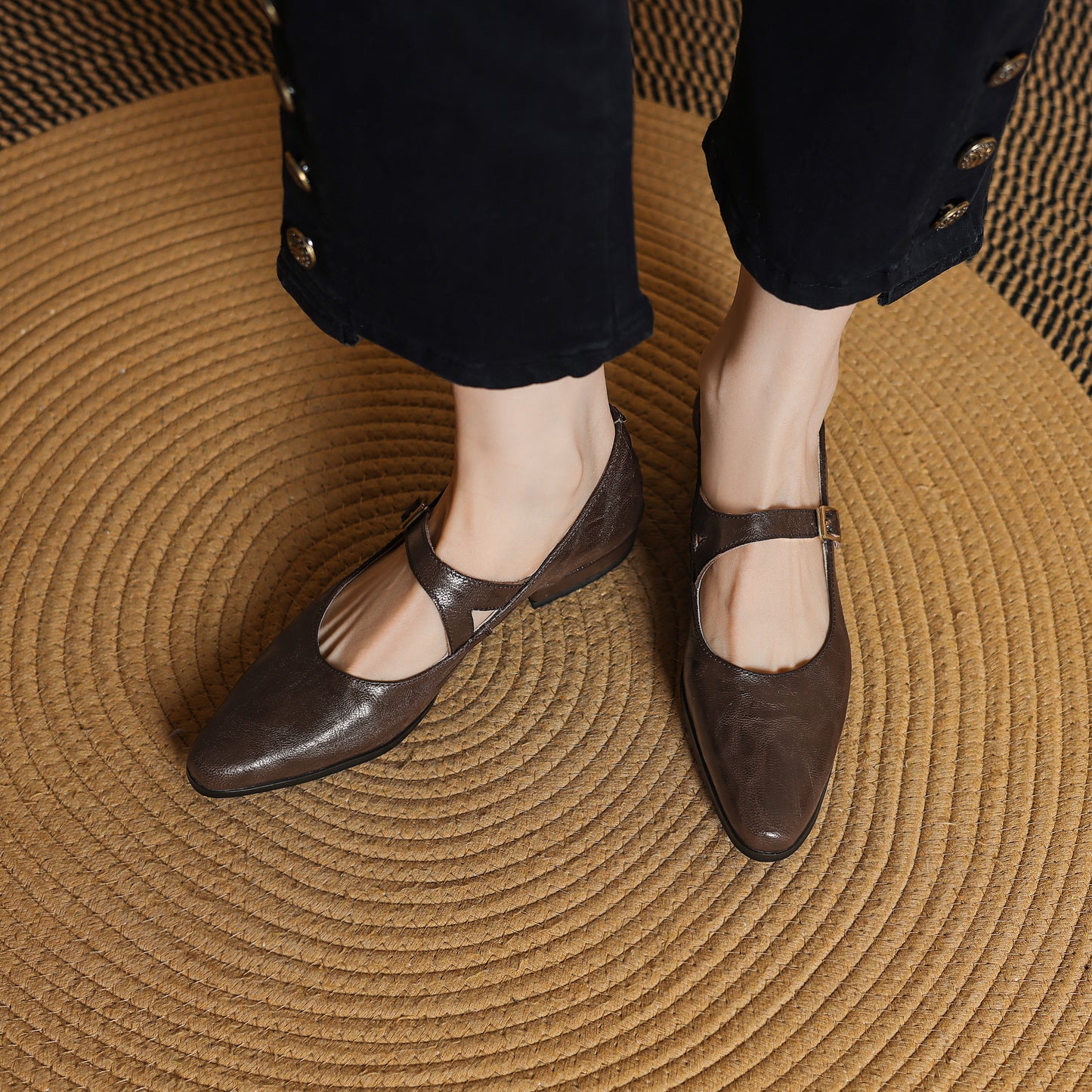 TinaCus Handmade Women's Genuine Leather Round Toe Buckle Classic Mary Jane Flats Shoes