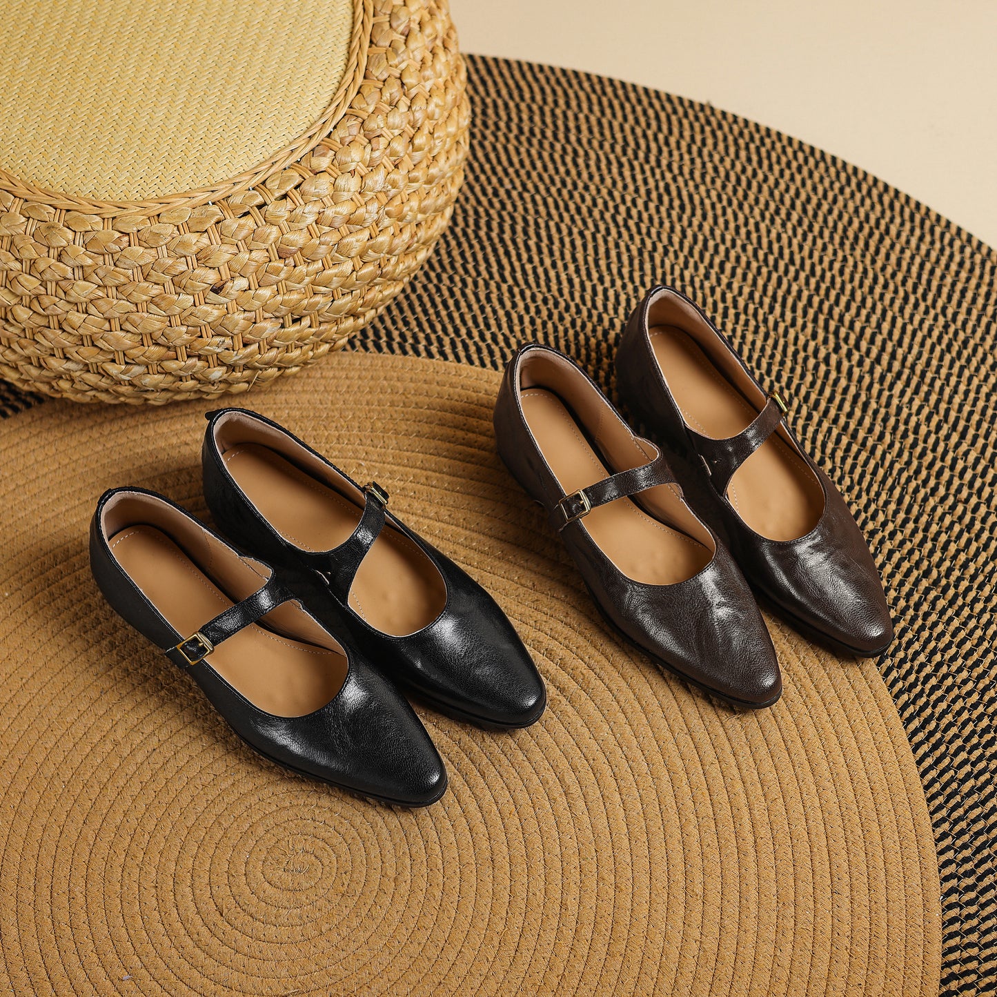 TinaCus Handmade Women's Genuine Leather Round Toe Buckle Classic Mary Jane Flats Shoes