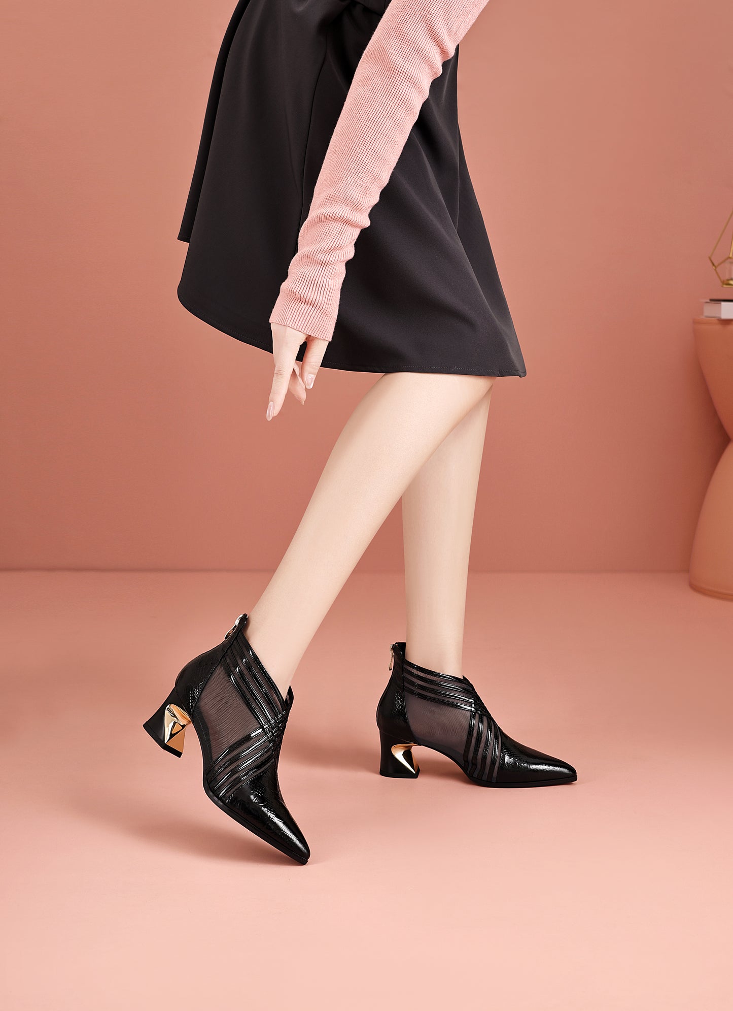 TinaCus Women's Mesh Boots Genuine Leather Handmade Pointed Toe Chunky Heel Back Zipper Summer Booties