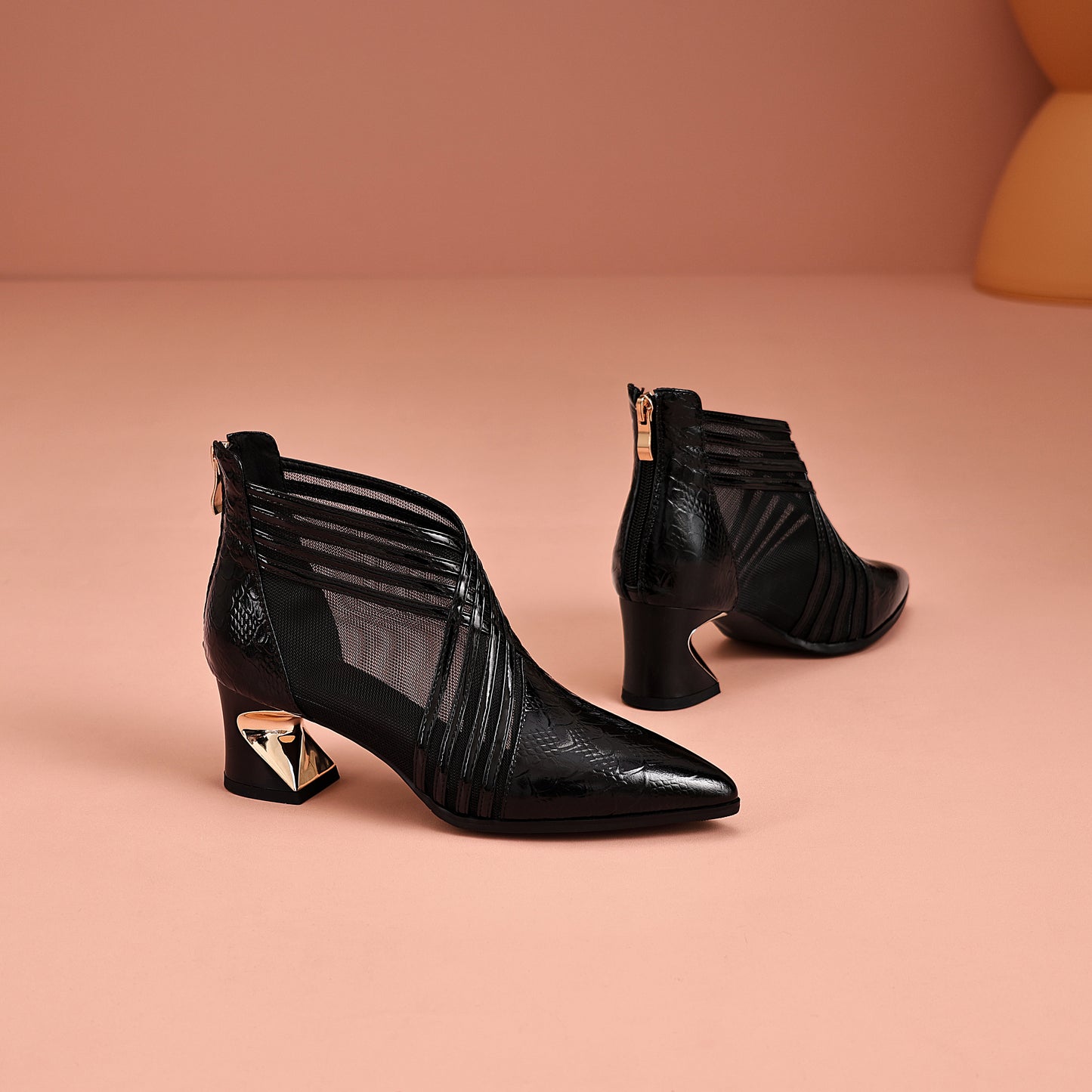 TinaCus Women's Mesh Boots Genuine Leather Handmade Pointed Toe Chunky Heel Back Zipper Summer Booties