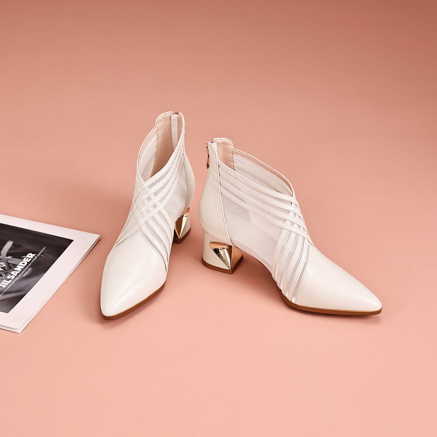 TinaCus Women's Mesh Boots Genuine Leather Handmade Pointed Toe Chunky Heel Back Zipper Summer Booties