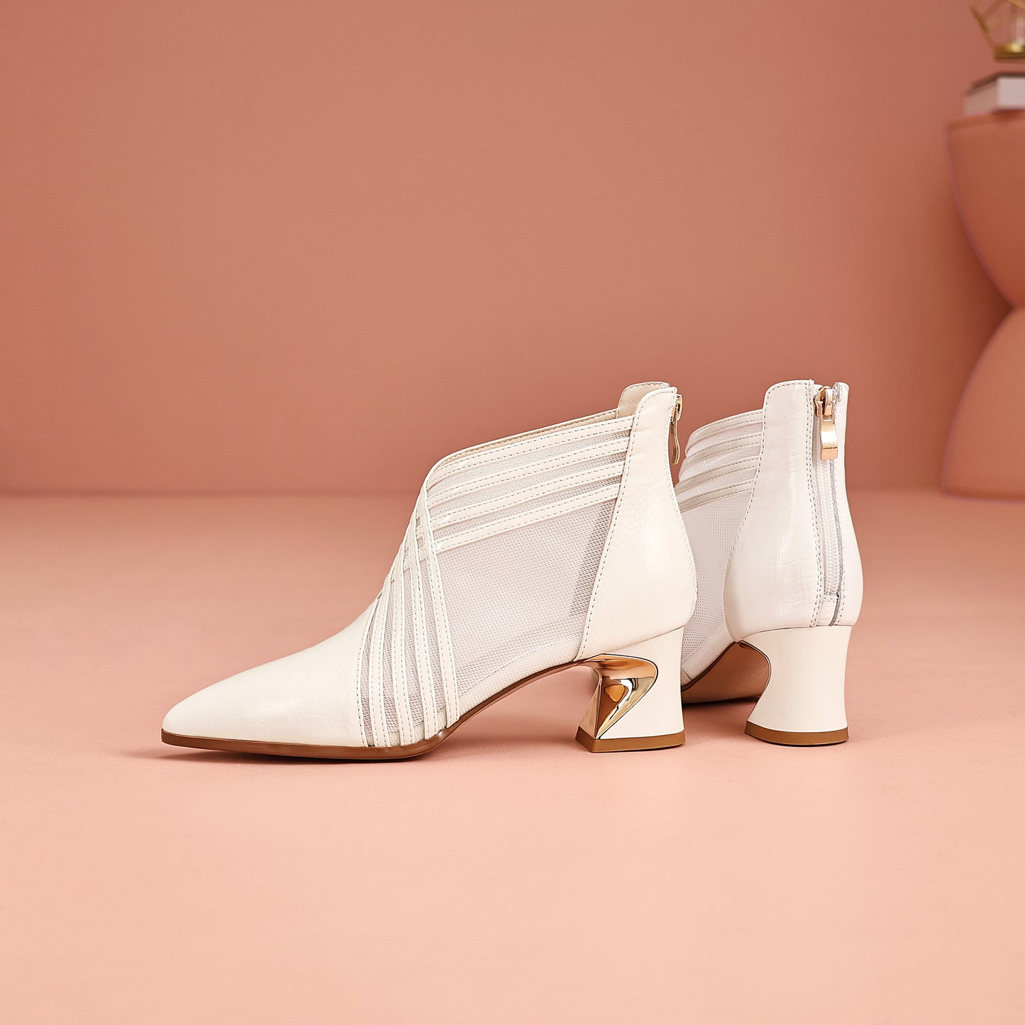 TinaCus Women's Mesh Boots Genuine Leather Handmade Pointed Toe Chunky Heel Back Zipper Summer Booties