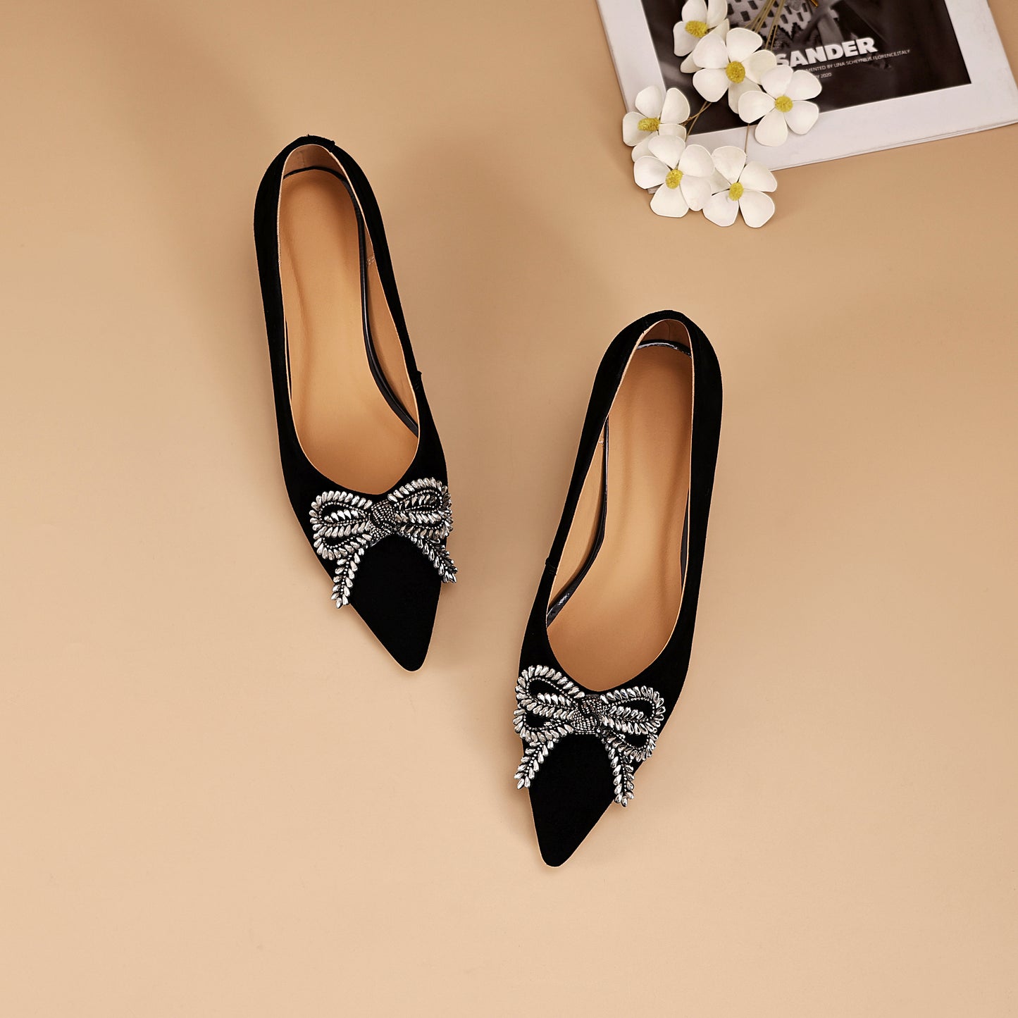 TinaCus Women's Kitten Heel Pumps Handmade Suede Leather Rhinestone Bow Pointed Toe Dress Shoes Wedding Business