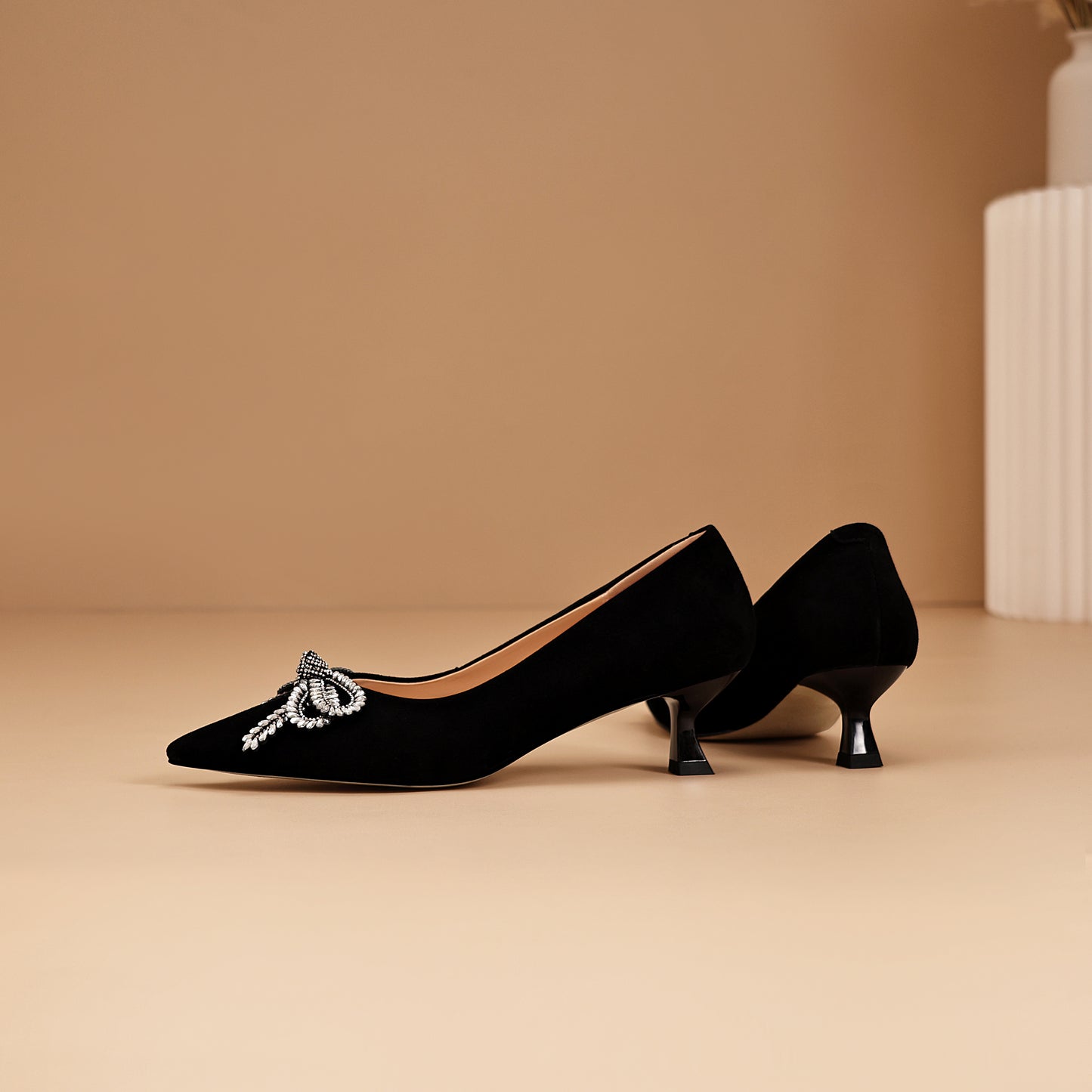 TinaCus Women's Kitten Heel Pumps Handmade Suede Leather Rhinestone Bow Pointed Toe Dress Shoes Wedding Business