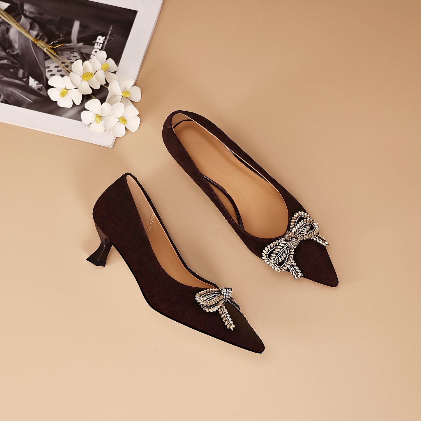 TinaCus Women's Kitten Heel Pumps Handmade Suede Leather Rhinestone Bow Pointed Toe Dress Shoes Wedding Business