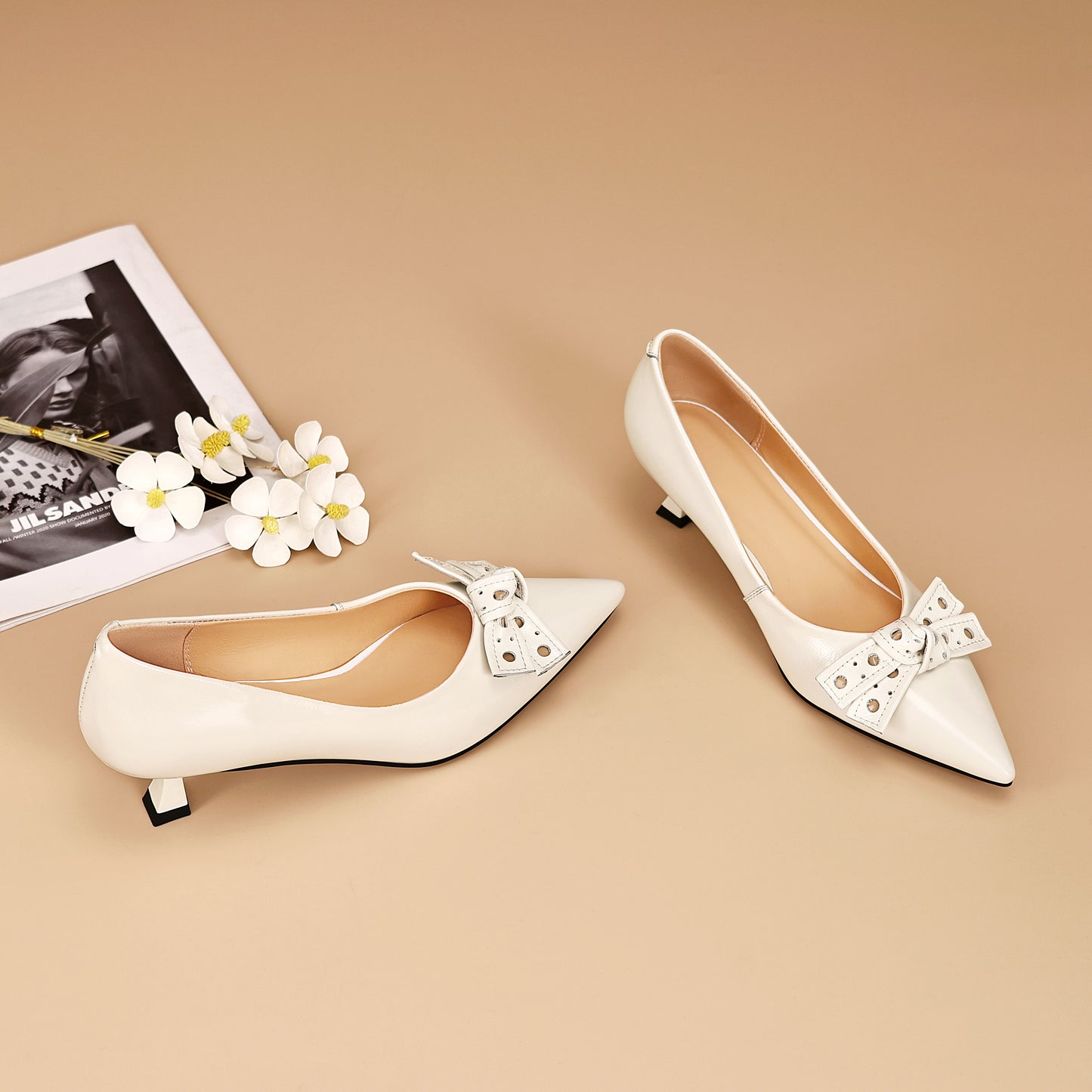TinaCus Women's Kitten Heel Pumps Handmade Genuine Leather Bowknot with Holes Pointed Toe Dress Shoes Wedding Business