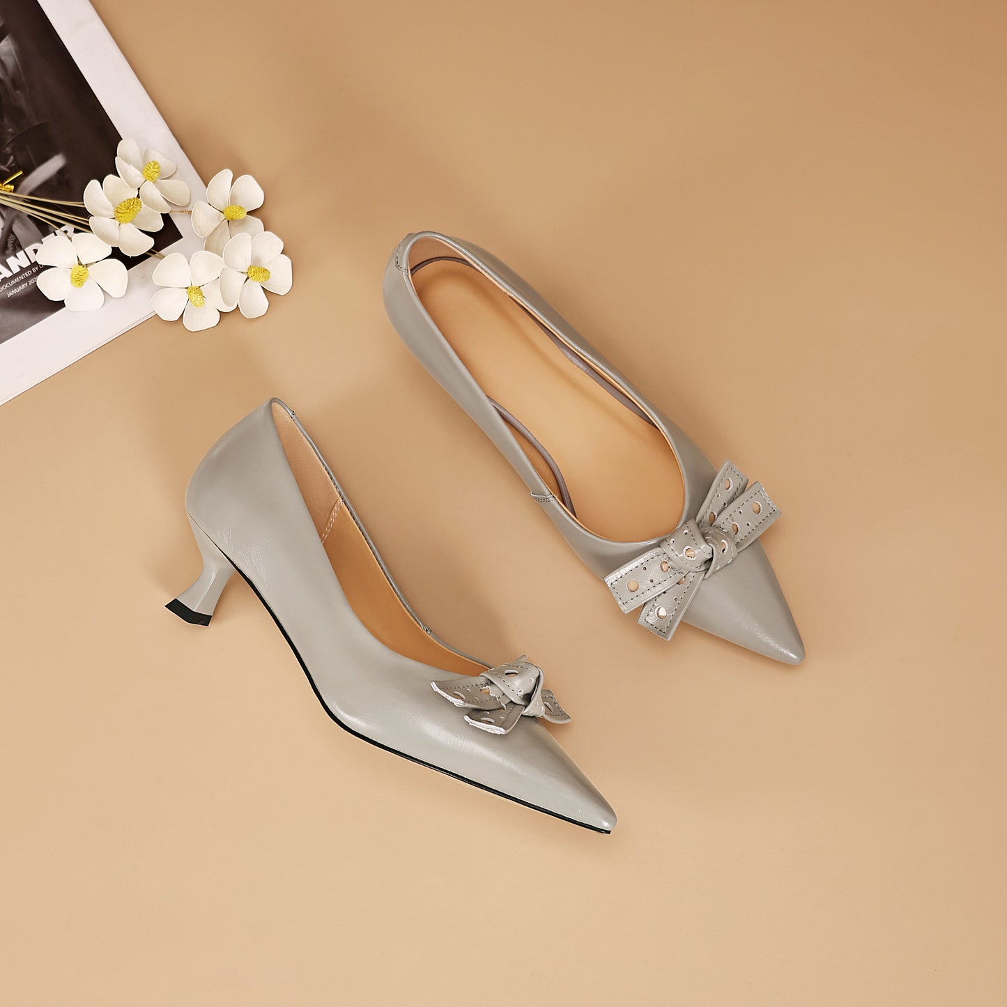 TinaCus Women's Kitten Heel Pumps Handmade Genuine Leather Bowknot with Holes Pointed Toe Dress Shoes Wedding Business
